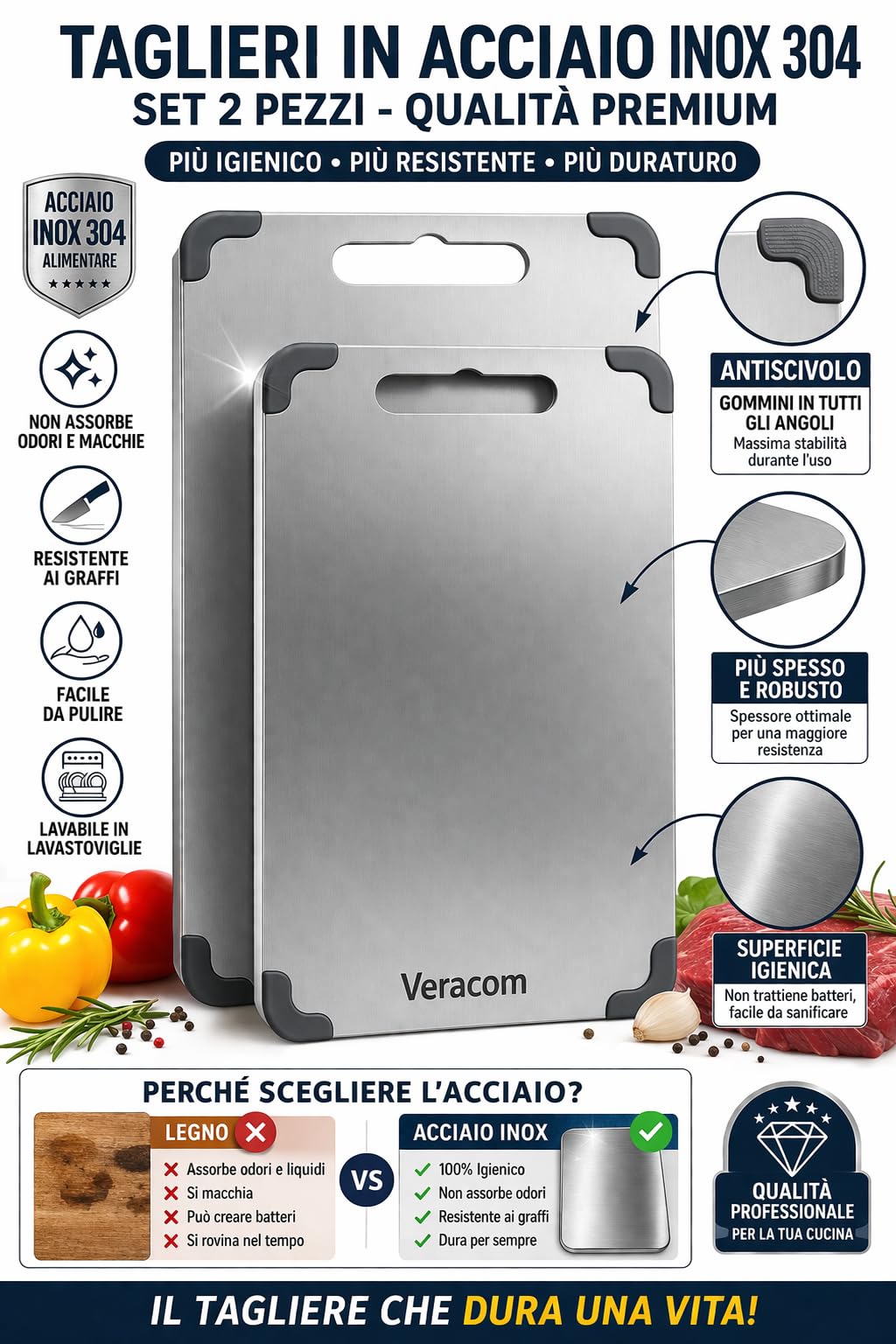 Set 2 Pezzi Taglieri Acciaio Inox 304 Alimentare Antiscivolo – Igienici e Lavabili in Lavastoviglie – Taglieri per Carne, Verdure e Pane – Certificato MOCA