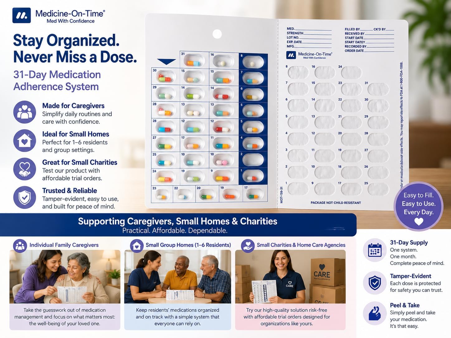 6-Pack Medication Blister Cards - 31-Day Cold Seal Pill Organizer for Family Caregivers, Home Care, Small Charities - Disposable No Equipment Needed - Trial Size Healthcare Supply