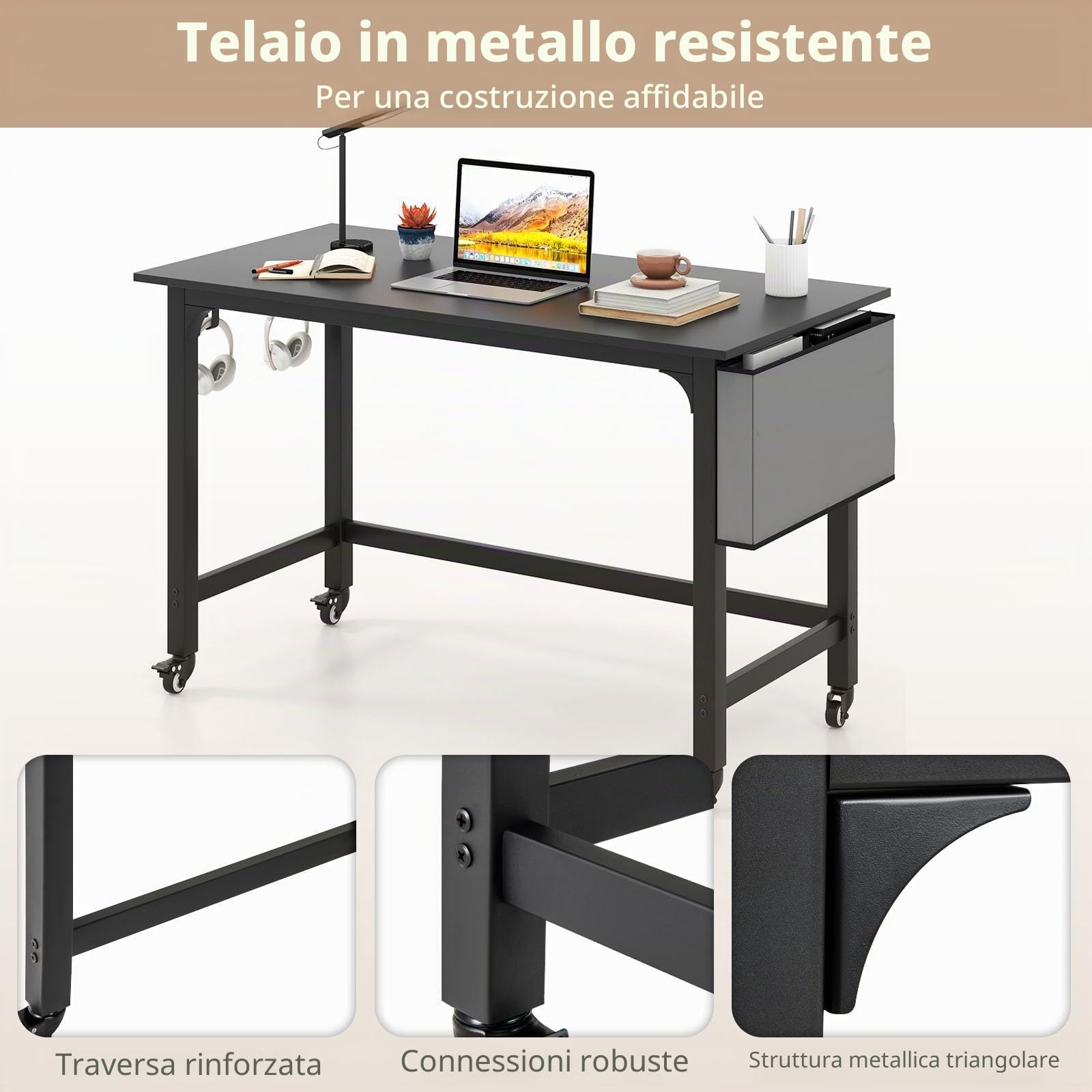 LIFEZEAL Scrivania su rotelle, scrivania per computer con telaio in metallo, tavolo per laptop con gancio e tasca laterale, tavolo da lavoro per camera da letto, studio, 120 x 60 cm (nero)
