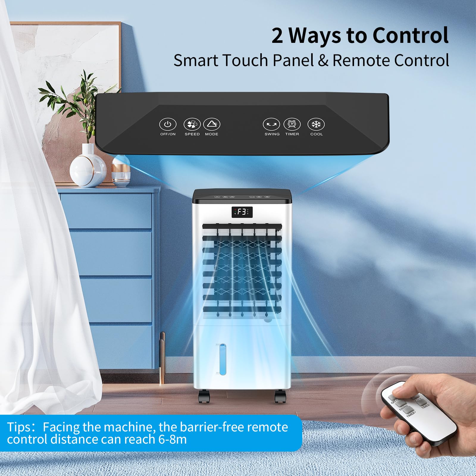 Climatiseur Mobile, 3 Modes & 3 Vitesse, Minuteur 12H, 4 Boîtes des Glacières, Grand Réservoir d'Eau, Fonction d'Oscillation, 60W Refroidisseur d'Air Évaporation avec Écran pour Chambre Bureau