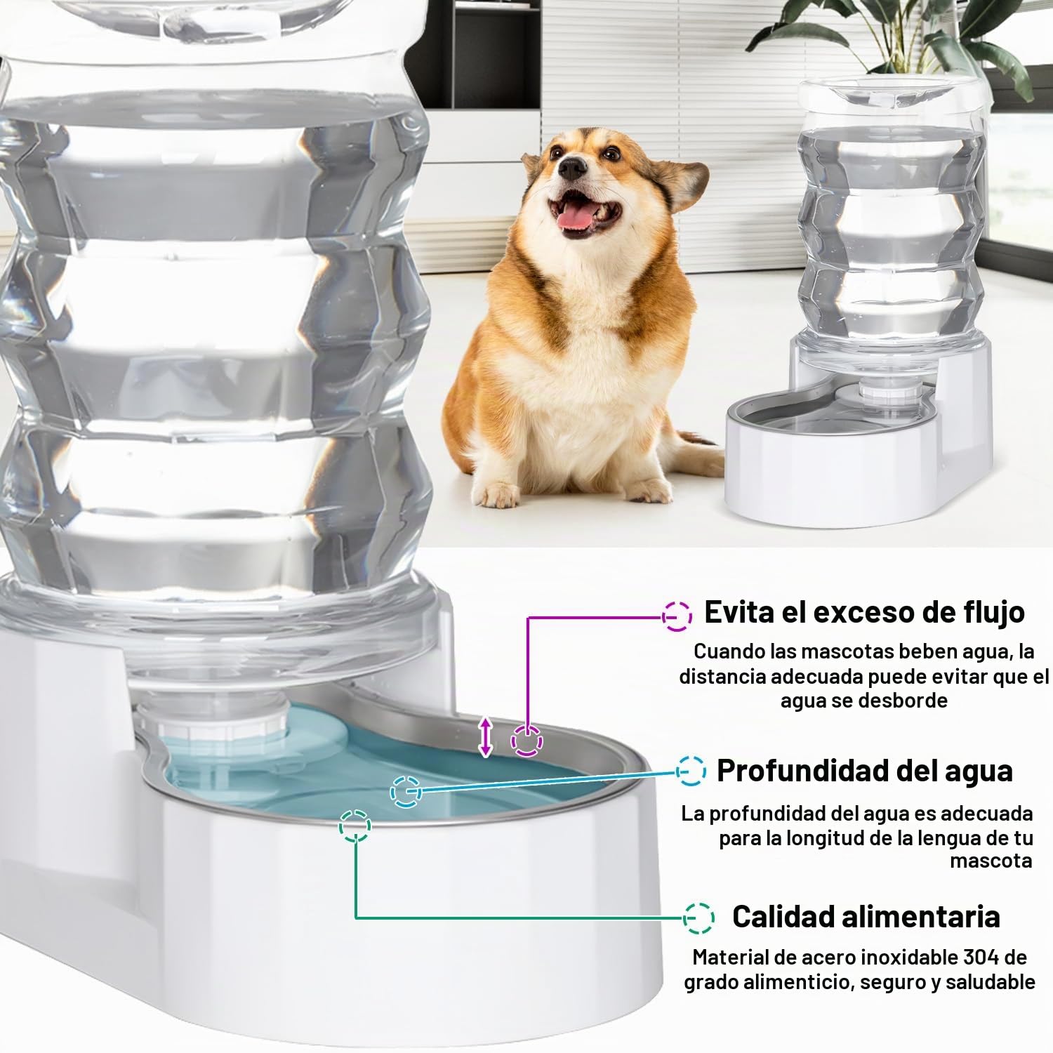 Sfozstra Dispensador de cuenco de agua para perros: 6L Blanco Grande Acero inoxidable - Sin BPA - Dispensador automático de agua por gravedad para mascotas para propietarios ocupados
