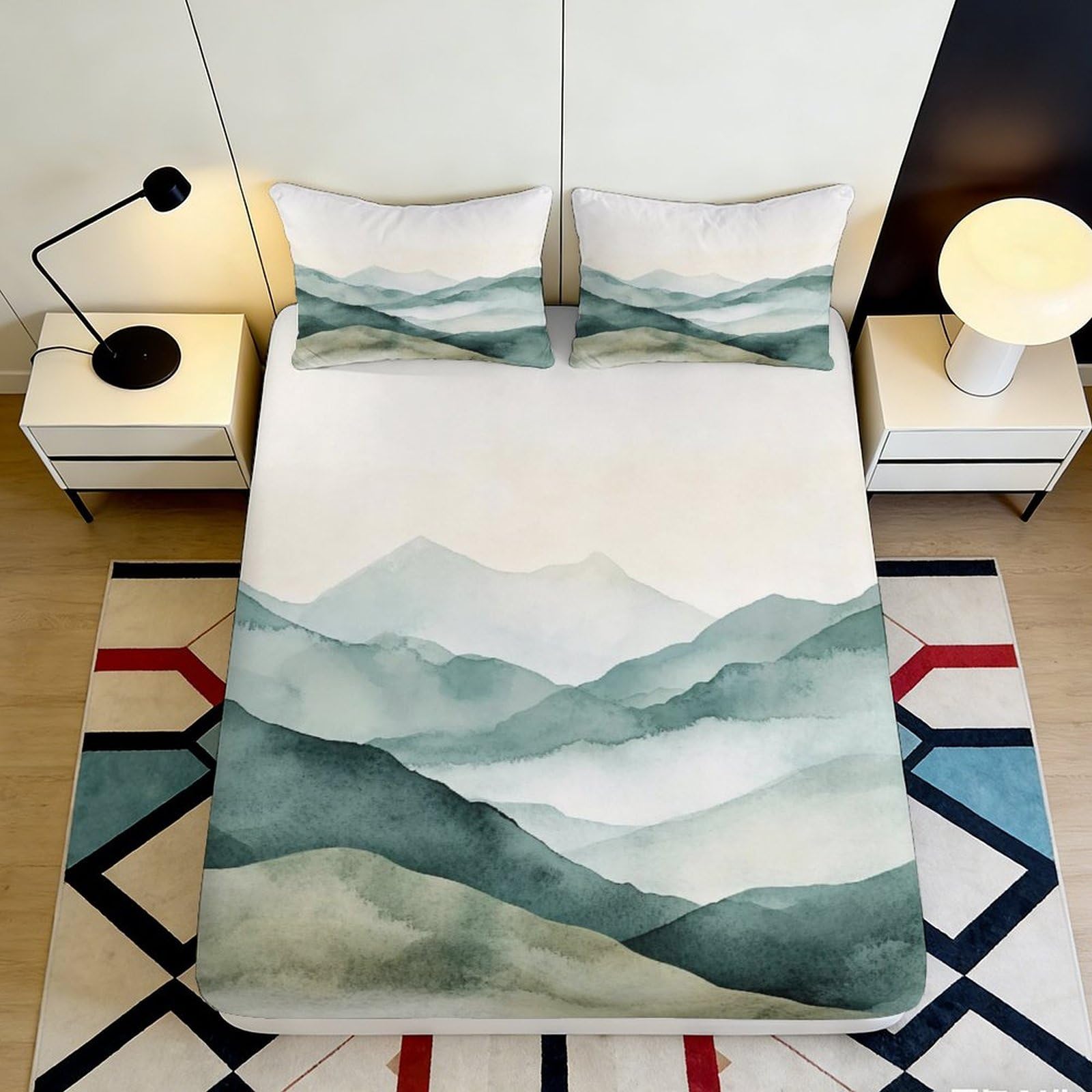 3D Printed Misty Mountains Fitted Sheet Microfiber Soft Green Landscape Mattress Cover Bedroom Dorm Décor 90x200x25cm
