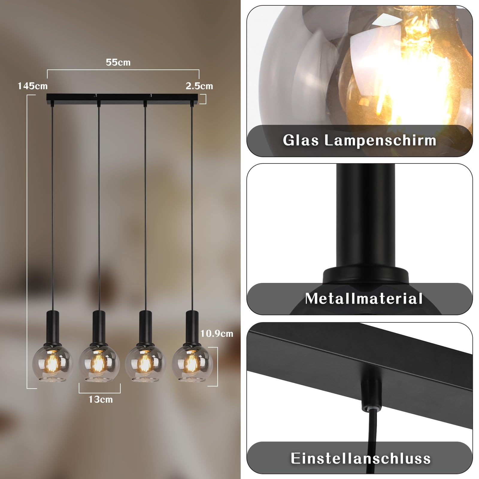 CBJKTX Hängelampe Esstisch 4‑flammig rauchgraues Glas E27 höhenverstellbar für Restaurants, Schlafzimmer und Bars (ohne Leuchtmittel)