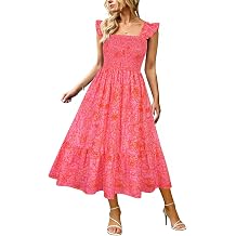 RITERA Plus Size Dress Women Summer Sleeveless Square Neck Smocked Ruffle Strap Midi Beach Sundress with Pocket XL-5XL