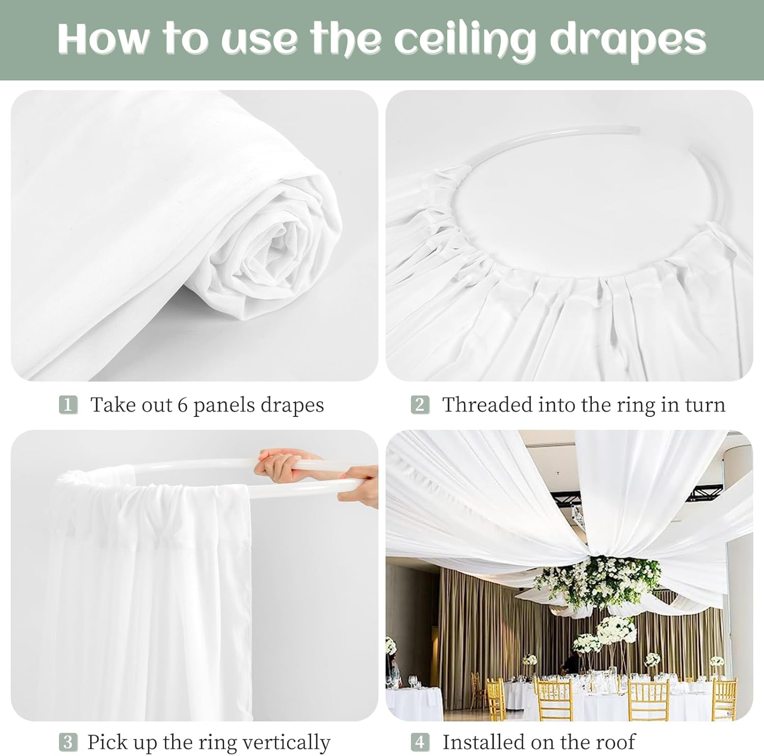 fani 6 Panels White Ceiling Drapes 5ftx20ft Extra Long Wedding Ceiling Drapes Chiffon Fabric Arch Draping Sheer Curtains Soft Drapery Draping Wedding Ceiling Decorations for Party Ceremony Stage Swag