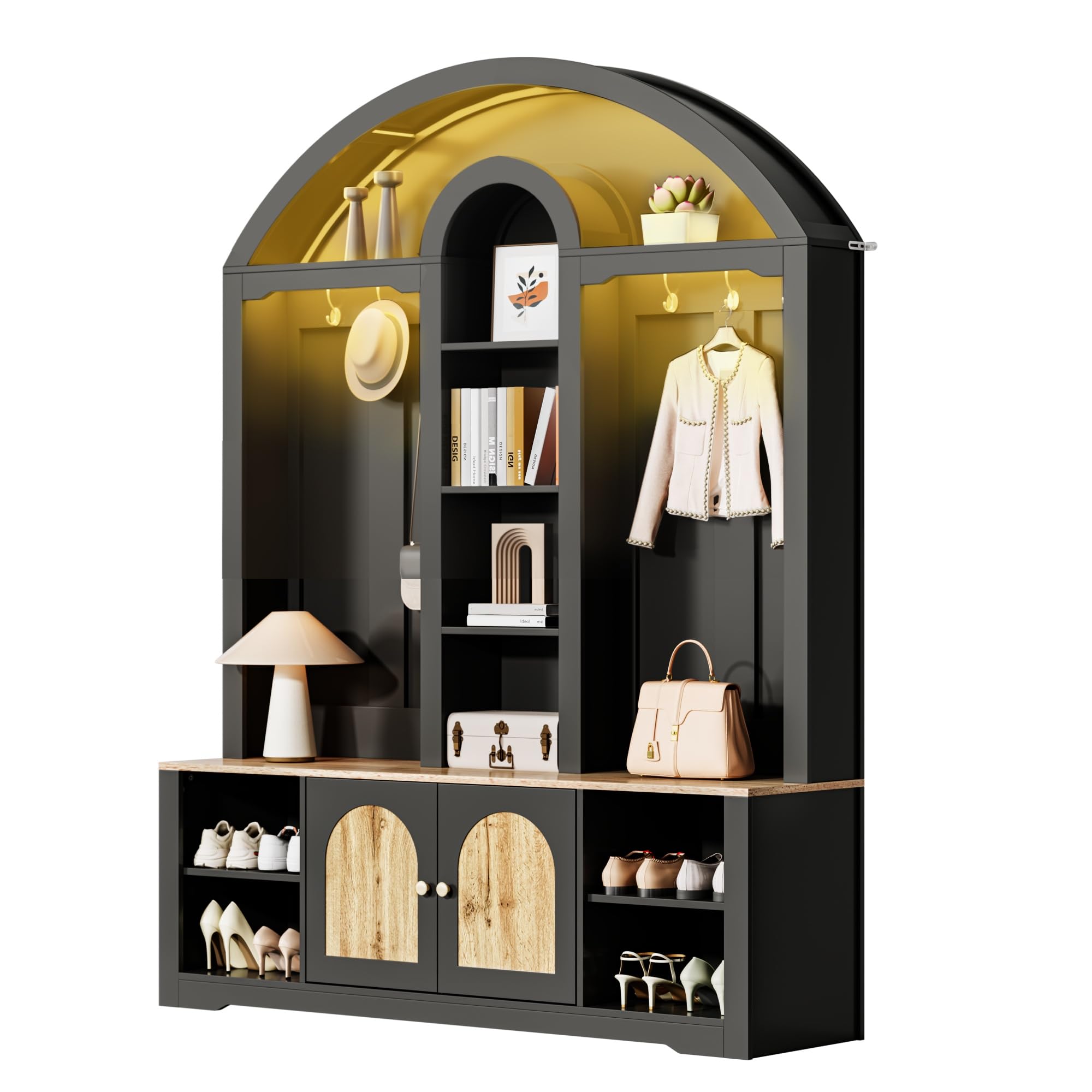 Armadio multifunzione nero 150 x 200 cm, con scarpiera, ripiani e ganci, in robusto MDF dal design moderno e pratico spazio di archiviazione