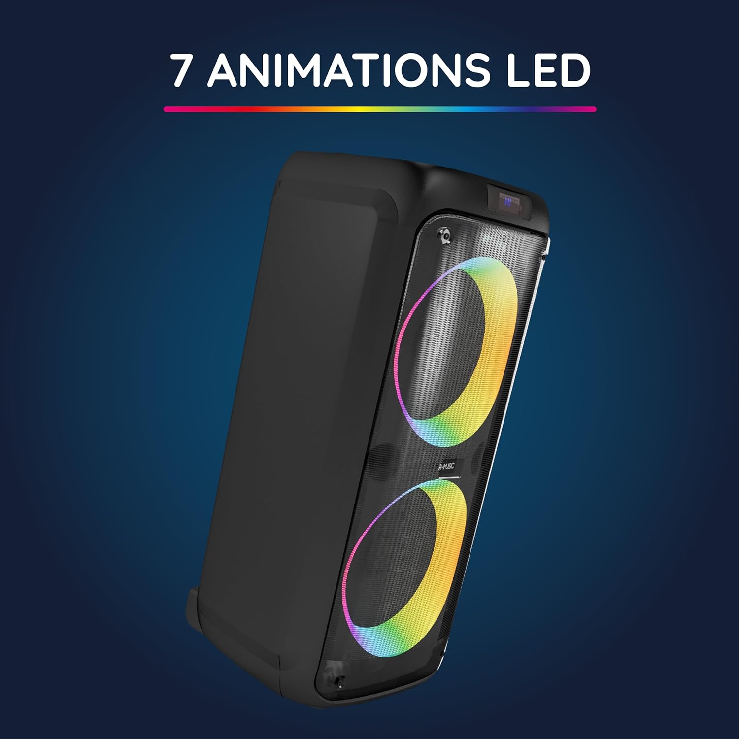 Speaker with RGB lights illuminated in a dark setting