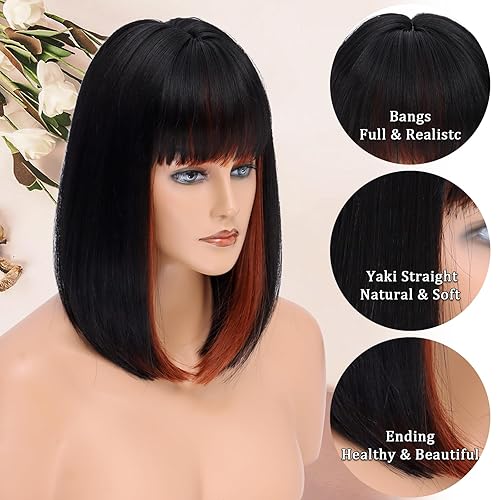 Miniatura 2 de Colorful Queen Pelucas Bob con flequillo, pelucas cortas estilo Bob para mujer, mezcla de negro, marrón, Yaki, pelucas de pelo sintético lacio,