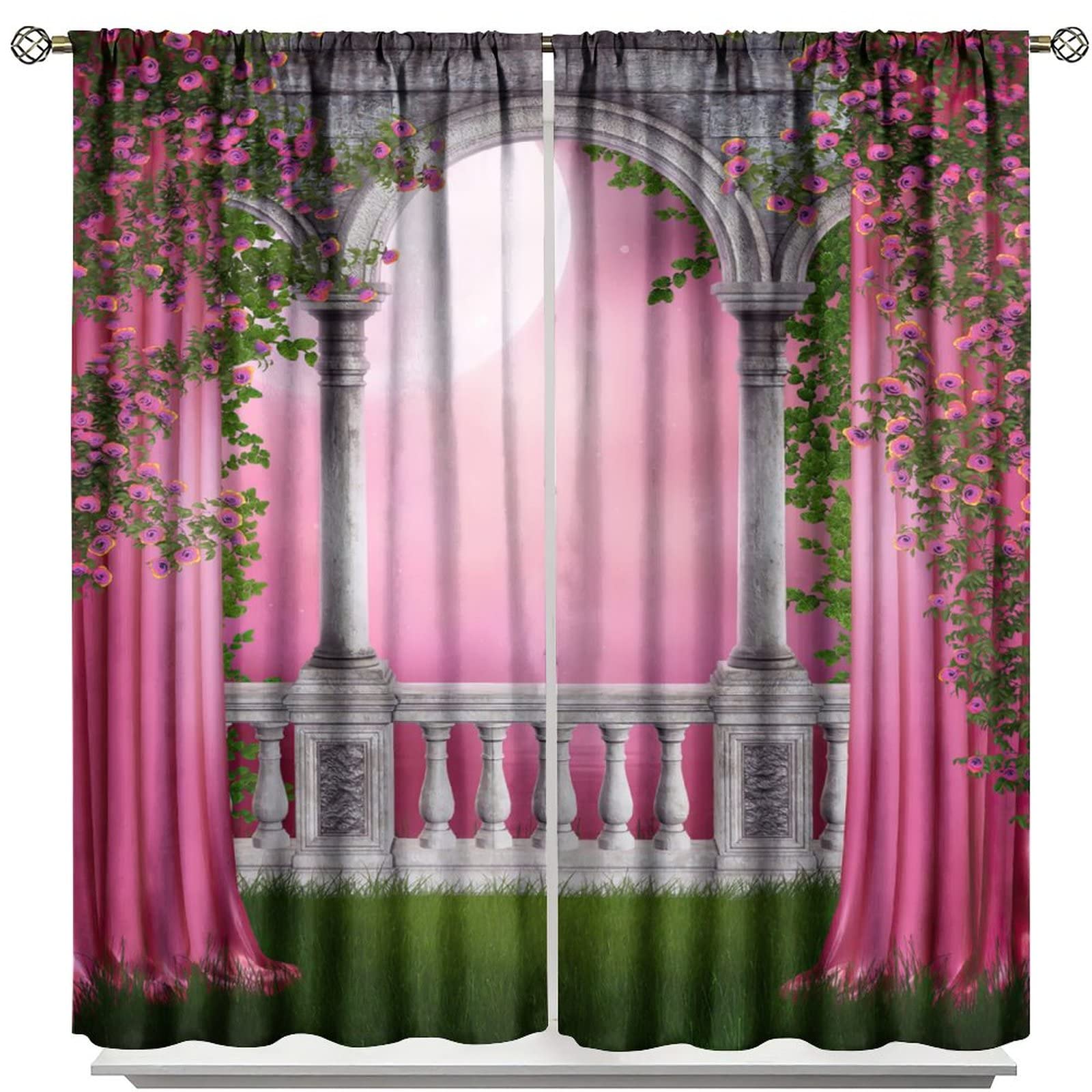 Pink Gothic Blackout Curtains,Vintage Romantic Roses Medieval Castle Theme Rod Pocket Window Drapes for Living Room Bedroom Dining Room Decor W63xL72in