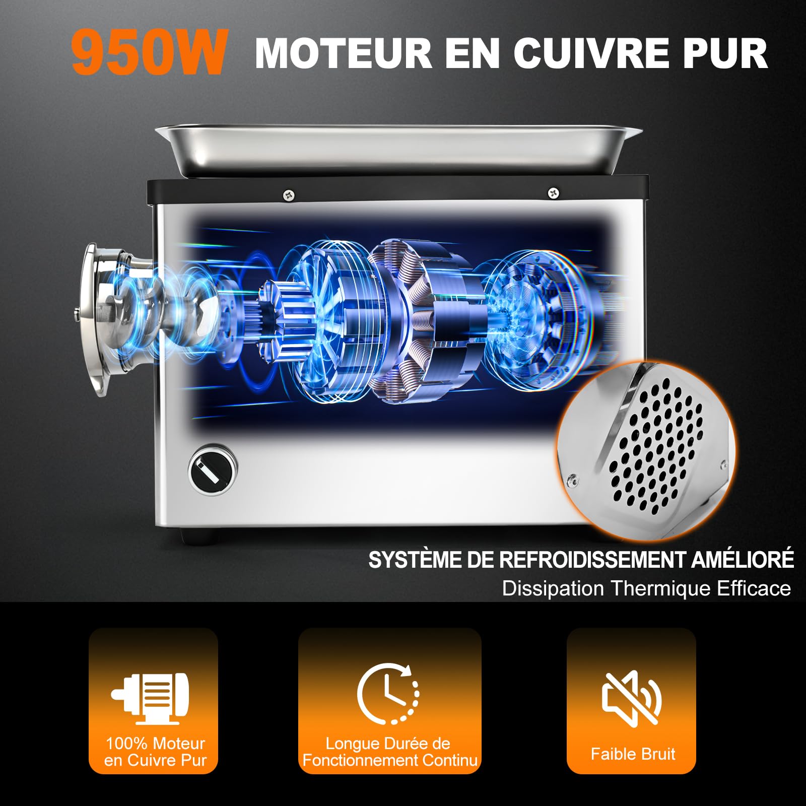Anatole Hachoir a Viande Électrique Professionnel 950W Acier Inoxydable Farce à Saucisses Multifonctions avec 6/8/10mm/3-Trous Plaque 2 Lames de Broyage 1 Remplisseur de Saucisses 220V