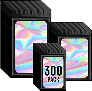 Funfery 300 Pack 3 Size Mylar Holographic Bags with Clear Window,Resealable Bag Smell Proof
