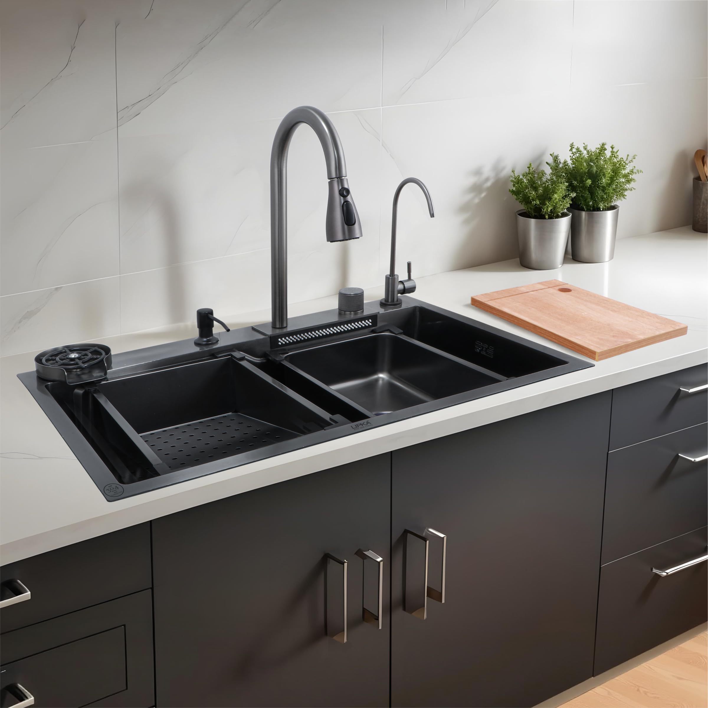 LIPKA Nano Black Single Bowl Smart Kitchen Sink with Integrated Waterfall | 30x18x9 inches | 304-Grade Stainless Steel Sink with Cup Washer, Drain Basket, RO Tap and Pull Out Faucet | Matte Finish |