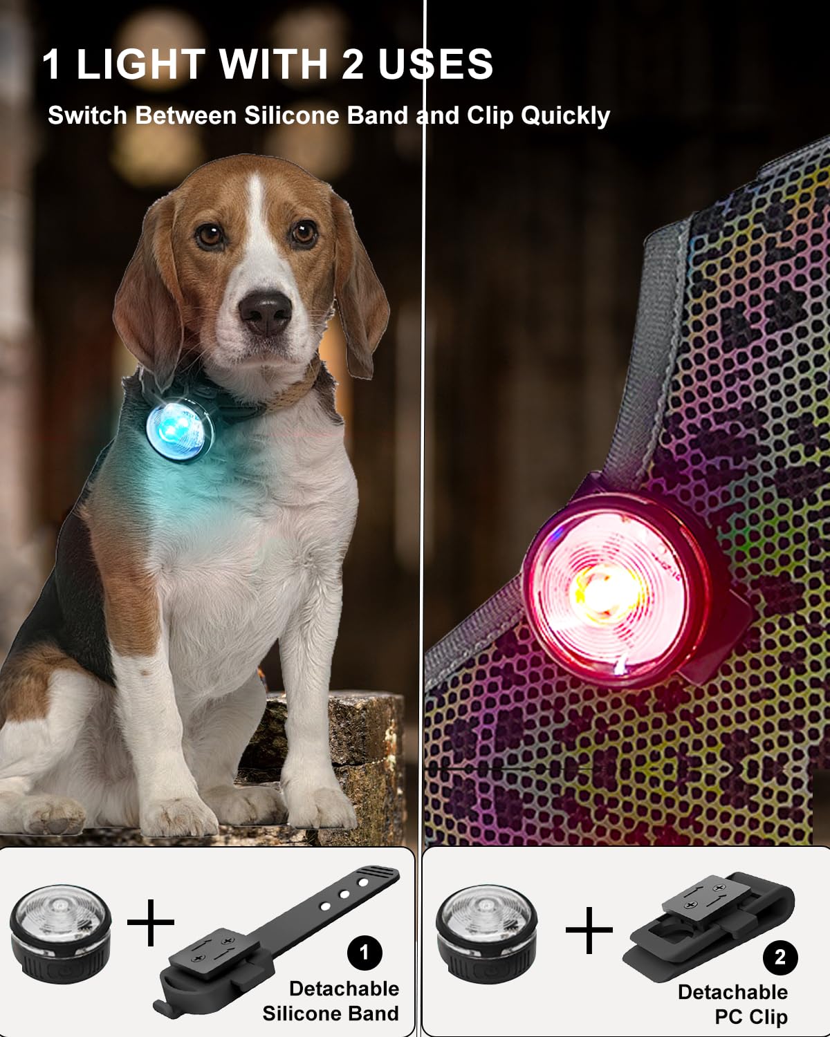Tubasion XL 2-Uses Dog Collar Light Rechargeable, 8 Modes LED Safety Light Clip On for Dogs Raincoat/Jacket - Image 2