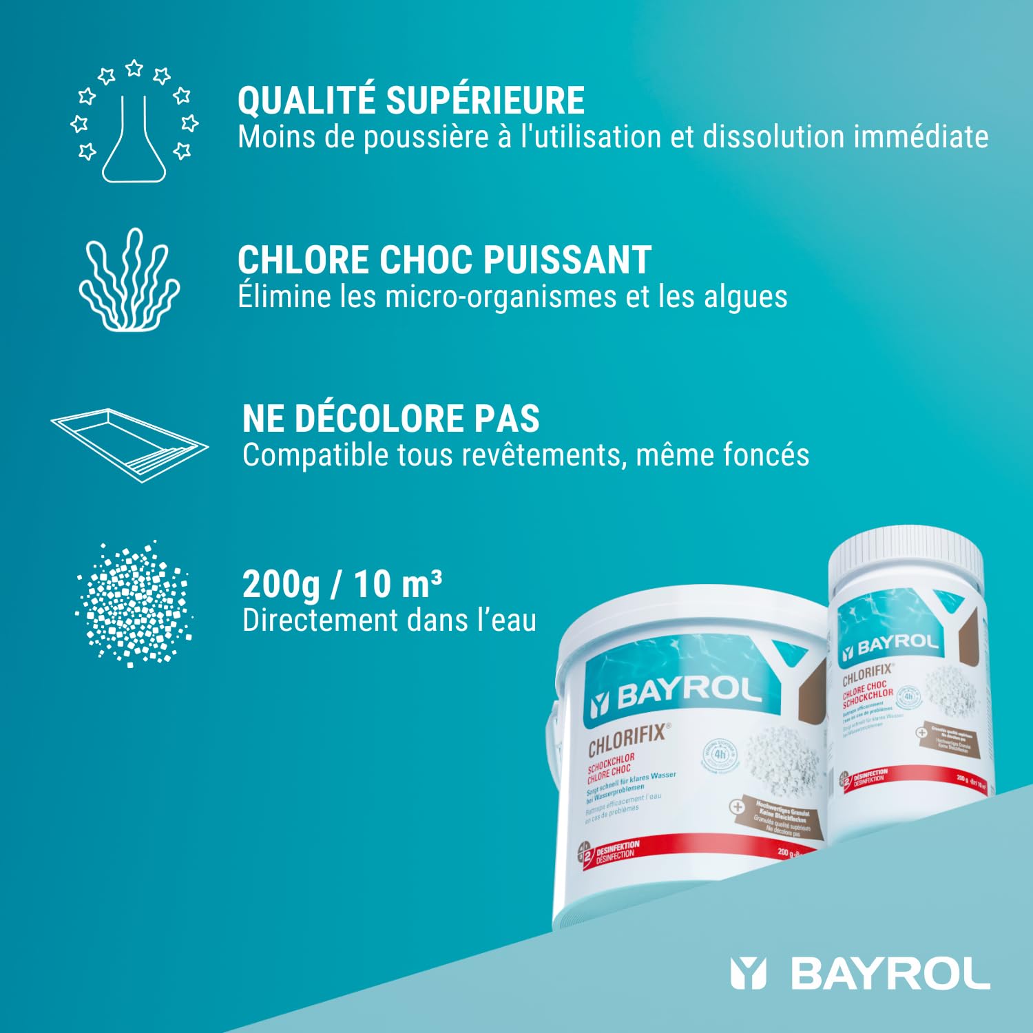 BAYROL Chlorifix® 5 kg - Chlore Choc Piscine Granulés - Désinfection Rapide Eau Verte et Trouble - N'Influence Pas Le pH - Compatible Tous Revêtements