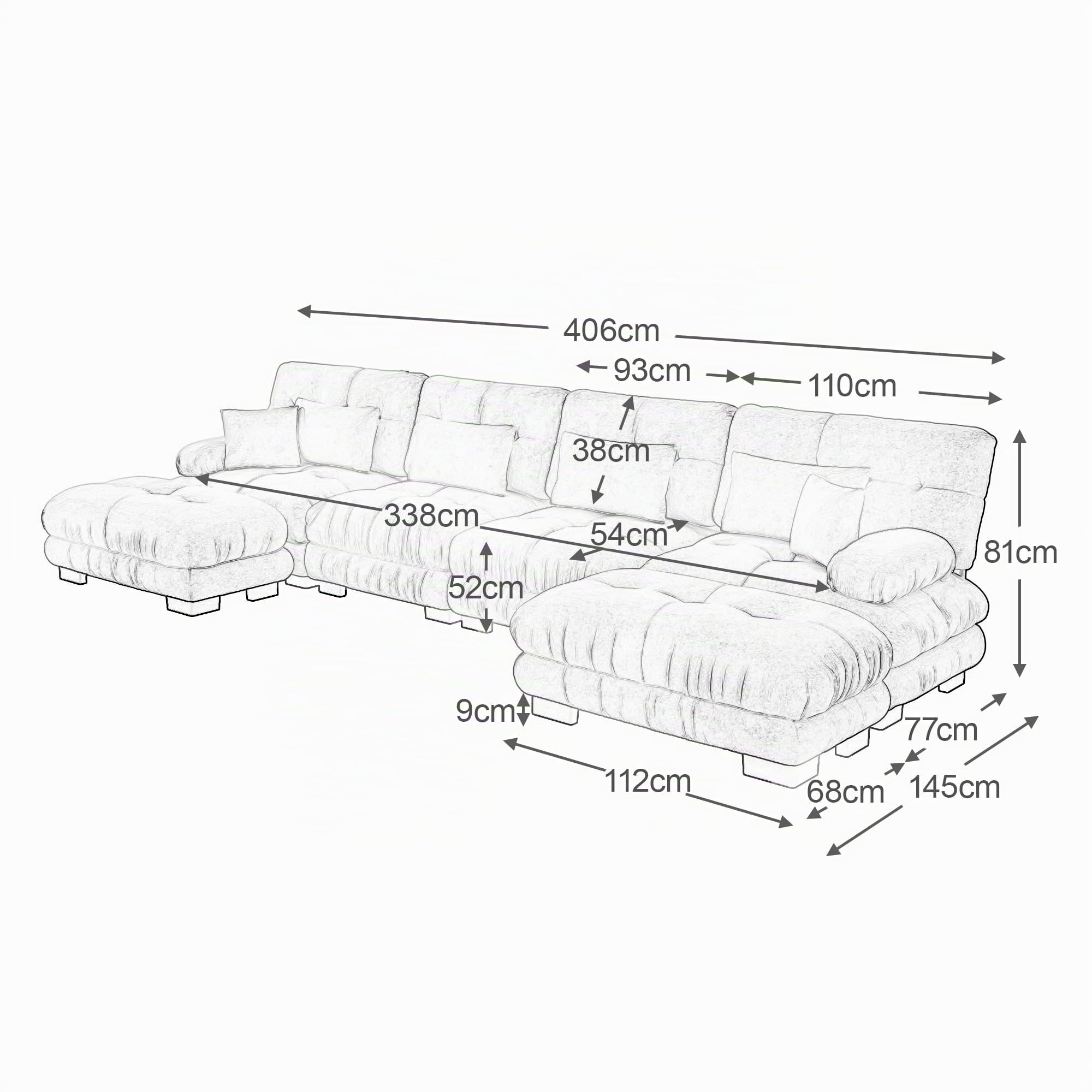 Divano angolare modulare, set di divani a forma di U per soggiorno, 4 posti, comodi divani a nuvola con pouf mobile, combinazione fai-da-te, ciniglia (marrone chiaro+4 sedili)