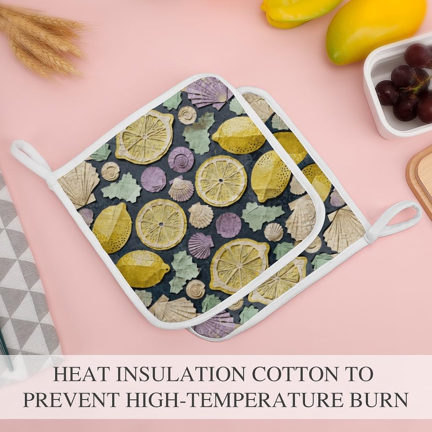 Shell Lemon Collage Polyester Heat Resistant Pot Pad Non Slip Anti Scald Hot Dish Mat Reusable Table Protector for Kitchen Hot Pot Mat Wear Resistant Heat Proof Table Pad for Countertop Dining Room