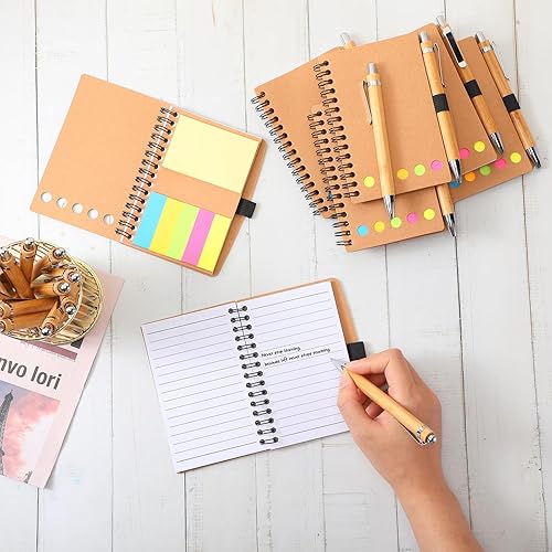 Miniatura 5 de Chuangdi 50 juegos de cuadernos de papel kraft con espiral rayado, notas adhesivas a granel con bolígrafo de bambú, marcadores de página, pestañas