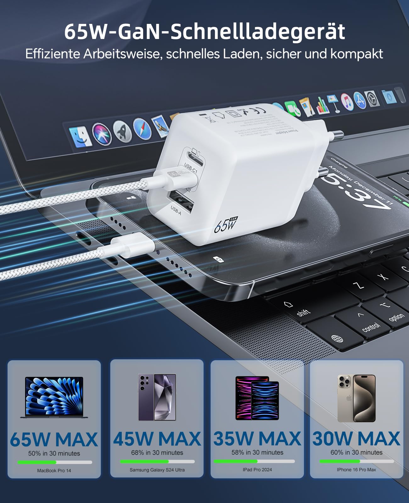 Ładowarka USB C 65 W, 3-portowa, ładowarka PD 60 W, szybkie ładowanie PPS, kompatybilna z iPhone 17/16/15, Samsung Galaxy S25/S24 Ultra, MacBook Pro/Air, iPad, Google Pixel 10/9 itd.
