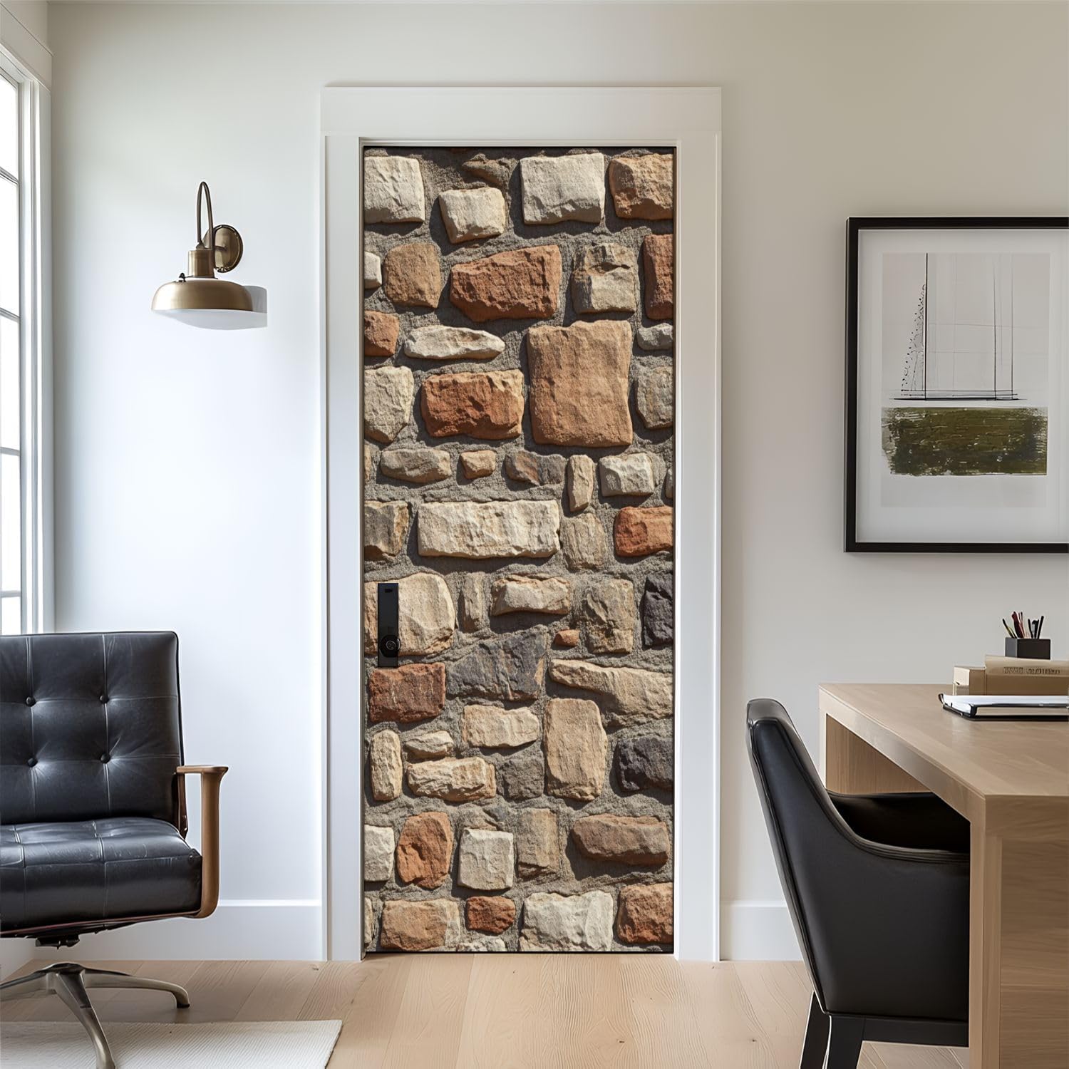 Sticker Porte Mur de Pierre, Stickers Porte Trompe L'oeil Mur de Pierre Autocollant Poster Auto-Adhésif Art Décor Pour Chambre Salon Salle de Bain Papier Peint 95x215 cm 1654n