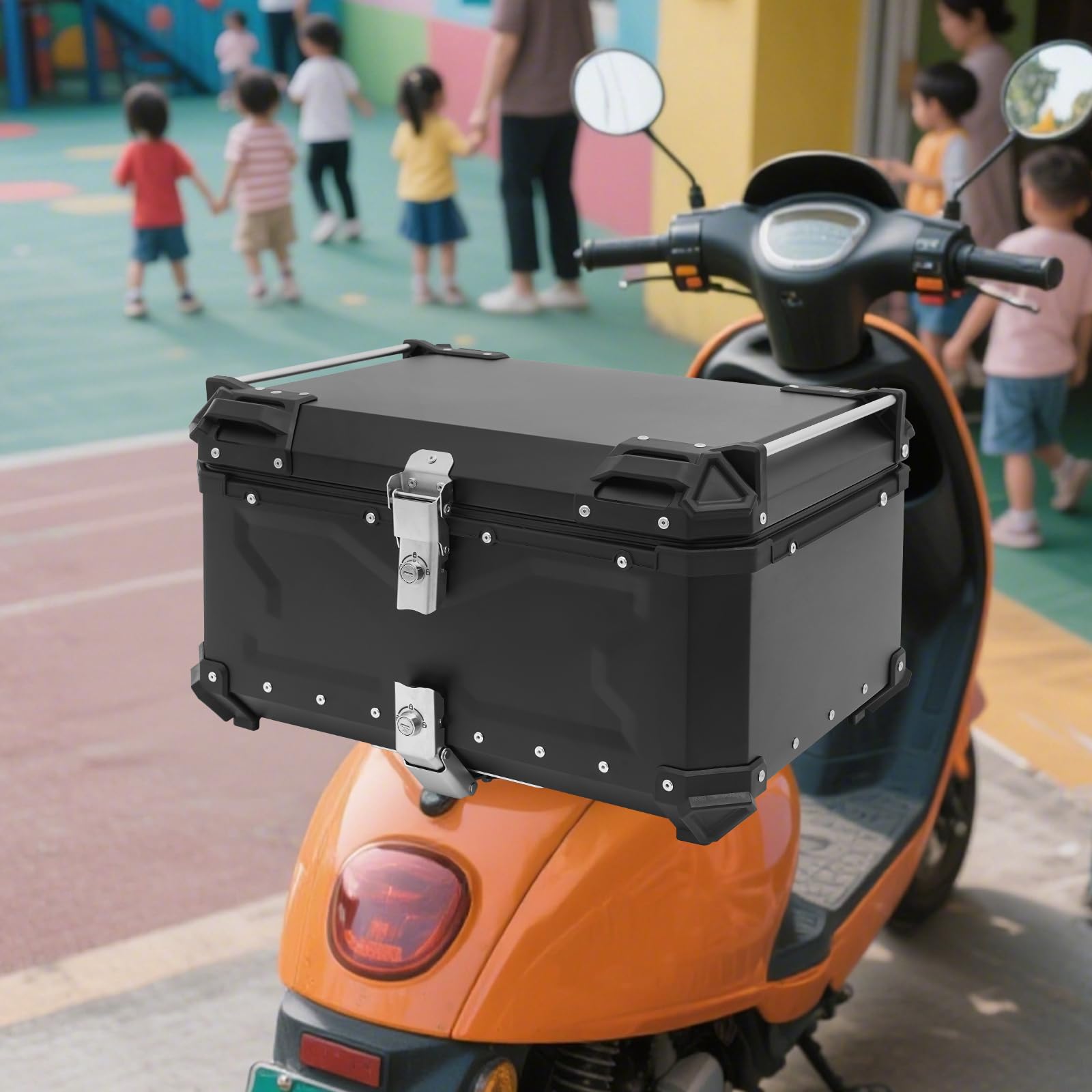Baúl para motocicleta de 65 L, impermeable, de aluminio, con cierre de seguridad | Baúl para moto de aluminio de 65 L, impermeable, con cerradura de seguridad, 2 llaves y reflectores. Para casco y equipaje