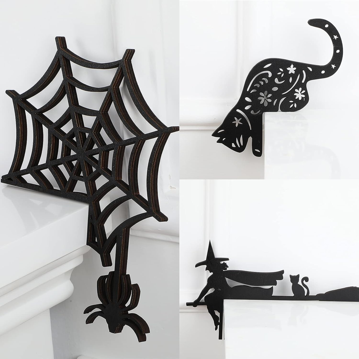 3 Pieces Halloween Door Corner Sign Decoration Door Right Angle Halloween Sign Witch Spider Web Cat Corner Decor Wooden Spider Web Party Decoration, Black