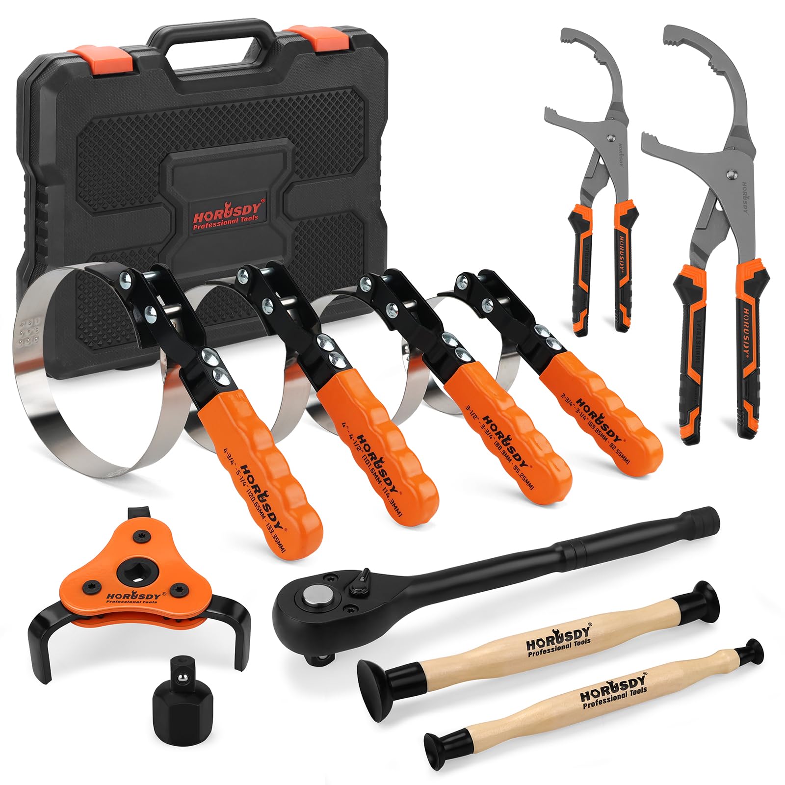 11-Piece Oil Filter Wrench Set with Storage Case - Swivel Wrenches Fit 2-3/4" to 5-1/4", Adjustable Filter Pliers (9" &amp; 12"), Valve Lapper Set, 3-Jaw Socket, Ratchet Handle for Garage, Roadside Repair