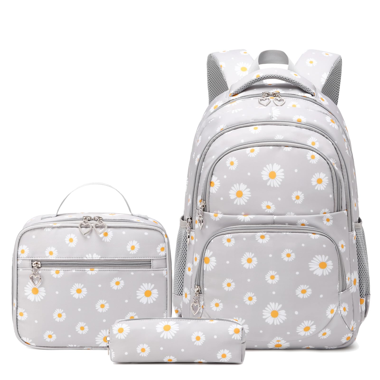 ZHIERNA Daisy Printed Backpacks for Girls with Lunch Bag Pencil Case 3pcs Set, Lightweight Elementary Bookbags for Teen Girls（Grey）