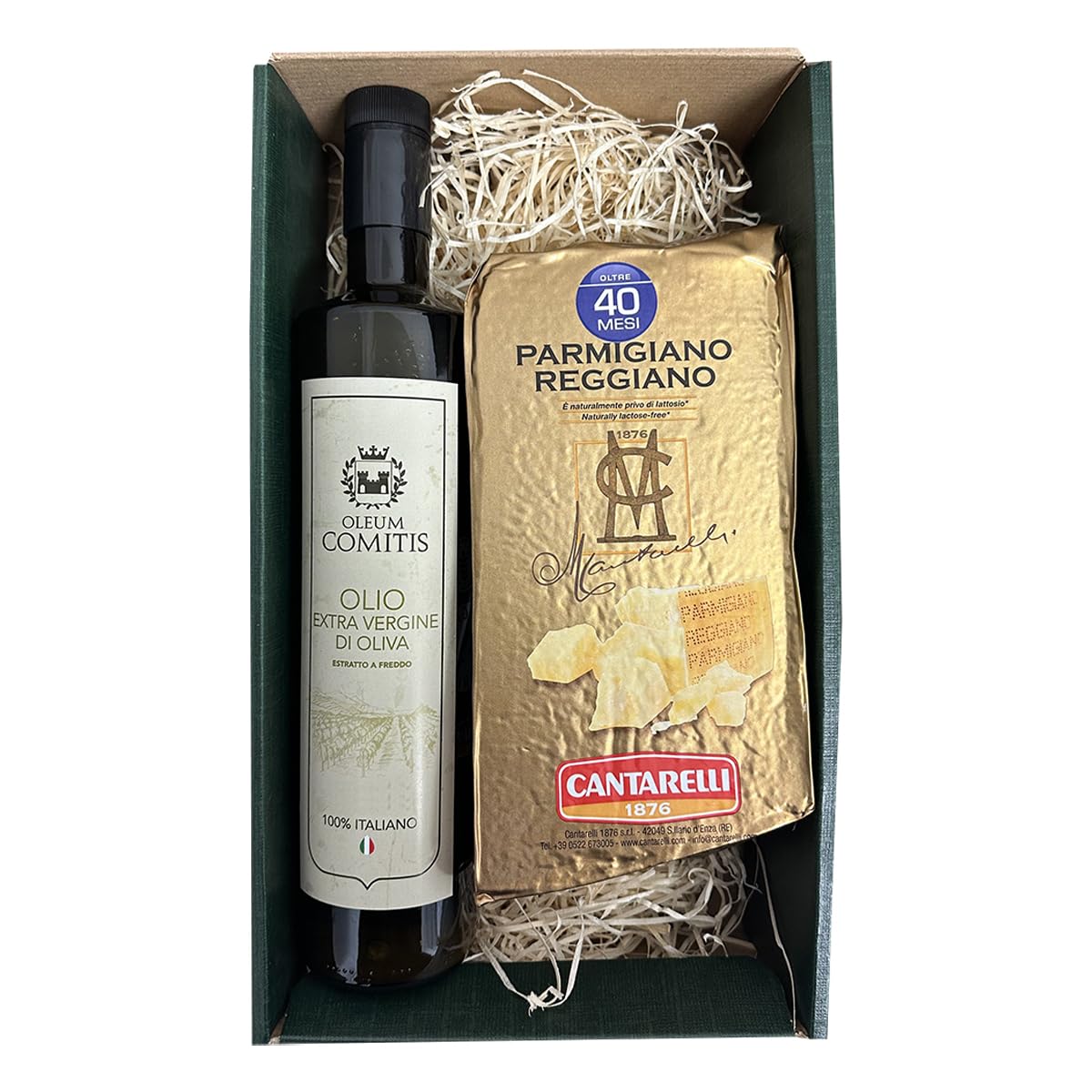 Oleum Comitis - Oliwa z oliwek Extra Virgin - 100% włoski ekstrakt na zimno - opakowanie prezentowe z butelką 750 ml i parmezanem Reggiano Cantarelli 1876, sezonowany 40 miesięcy, po 1 kg