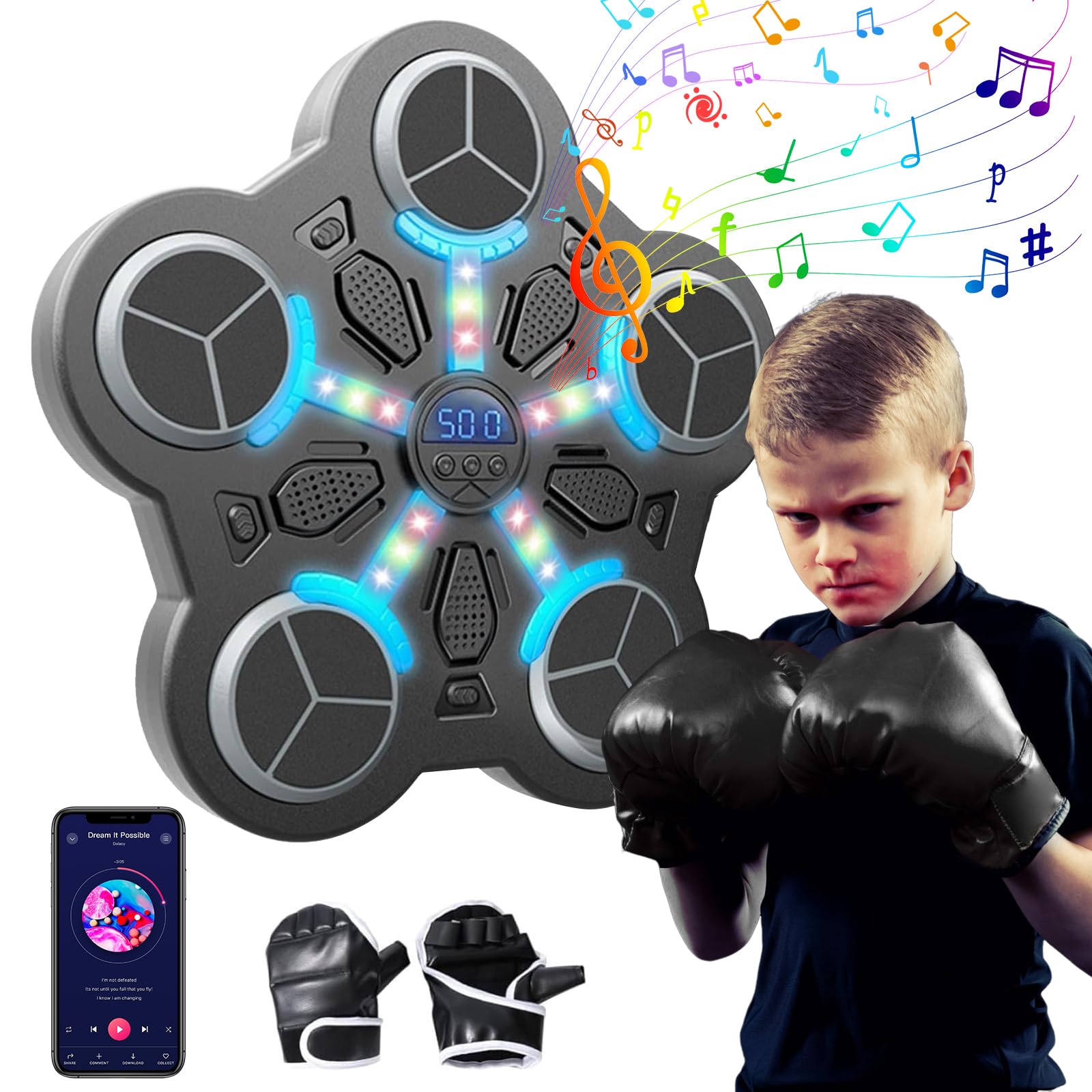 Eznaobo Macchina da boxe musicale, da parete, con guantoni da boxe, 3 velocità e luce LED, Bluetooth Smart Music Boxing Machine, macchina da boxe per bambini e adulti