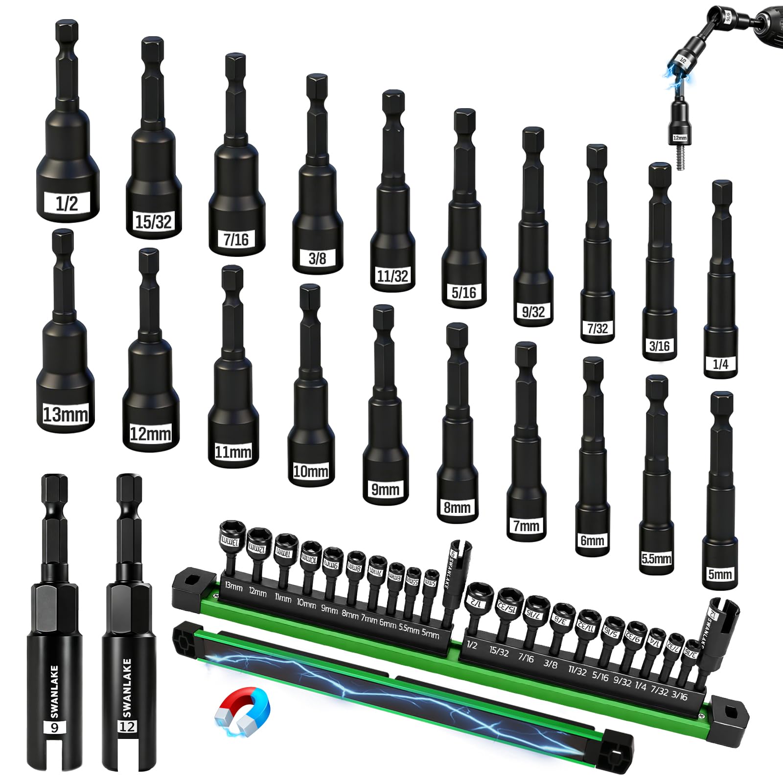 22-Piece Magnetic Nut Driver Set, Metric &amp; SAE (5-13mm &amp; 3/16"-1/2"), 1/4" Hex Shank Impact Bit Set, Wing Nut Driver Bits, Magnetic Aluminum Storage Rail
