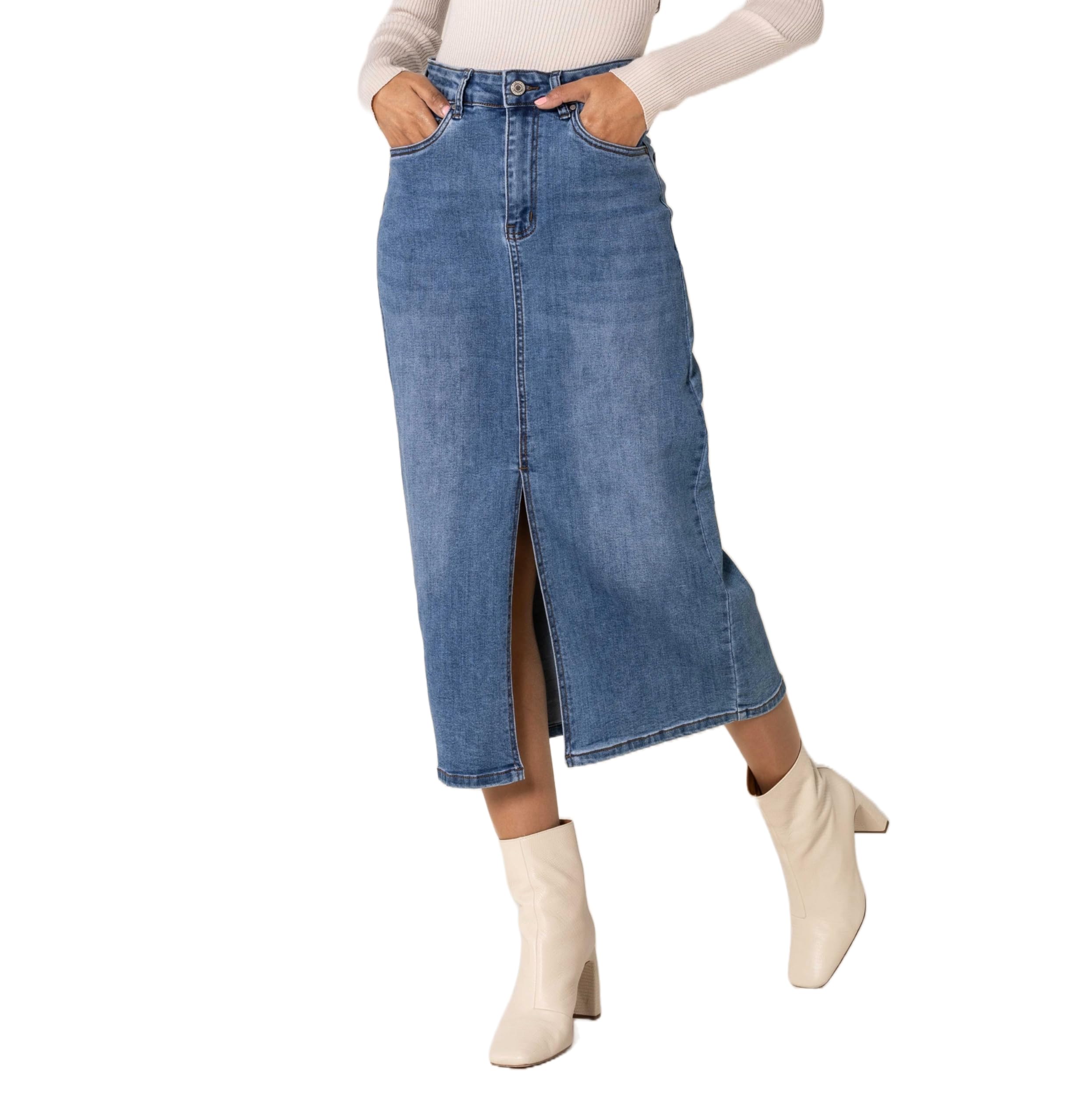 Nina Carter P215 Damen Jeansrock High Waist – Langer Stretch-Rock mit Schlitz vorne, Used Look, Wadenlang mit Reißverschluss