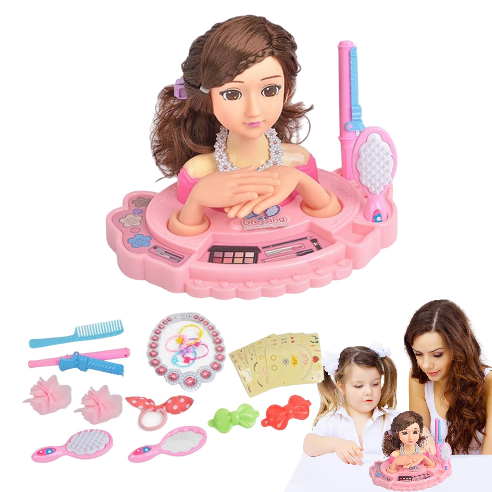 Cabeza de muñeca para niños para peinar el cabello - Kit de peluquería y maquillaje multiusos para niñas con cepillos, peines y accesorios, juego de actividades de juego creativo | Regalo ideal para N