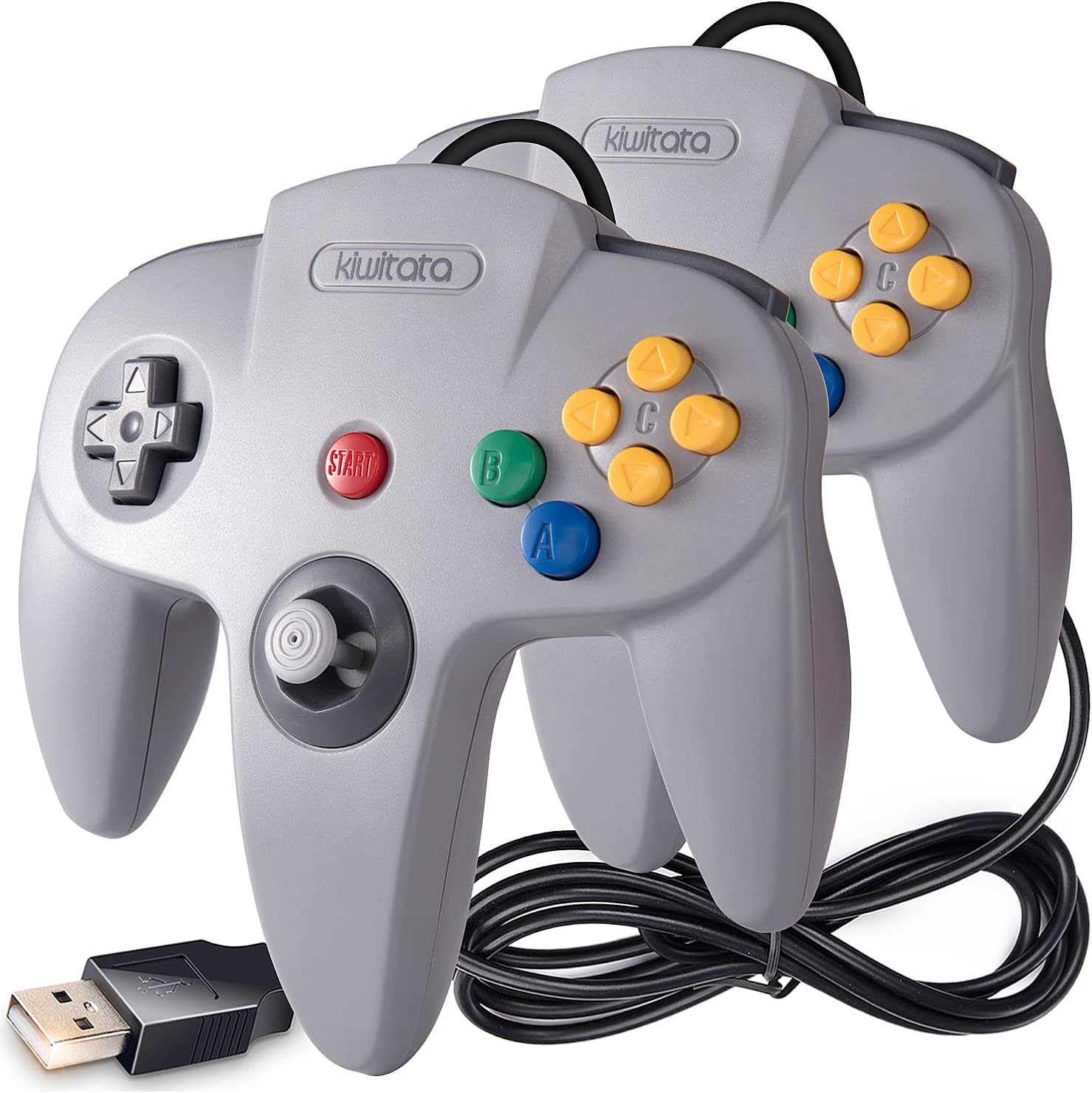 KIWITATA 2 Pack Classic N64 USB Controller, Retro N64 USB Wired Game Pad Joystick Controller for Windows PC/Mac Laptop Computer RetroPie Gray