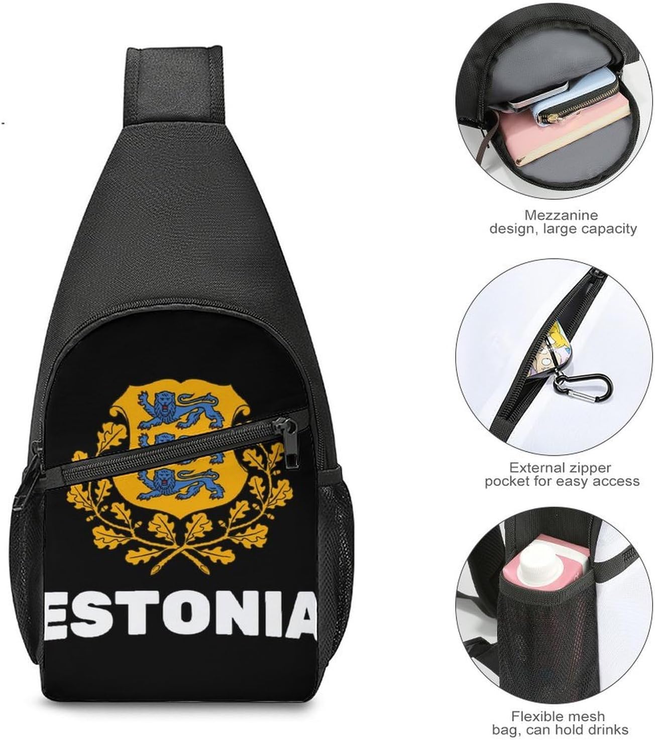Estonia Estonian National Emblem Crossbody Sling Backpack Chest Bag Daypack | unisex,trendy,with convertible and detachable shoulder strap,side pockets
