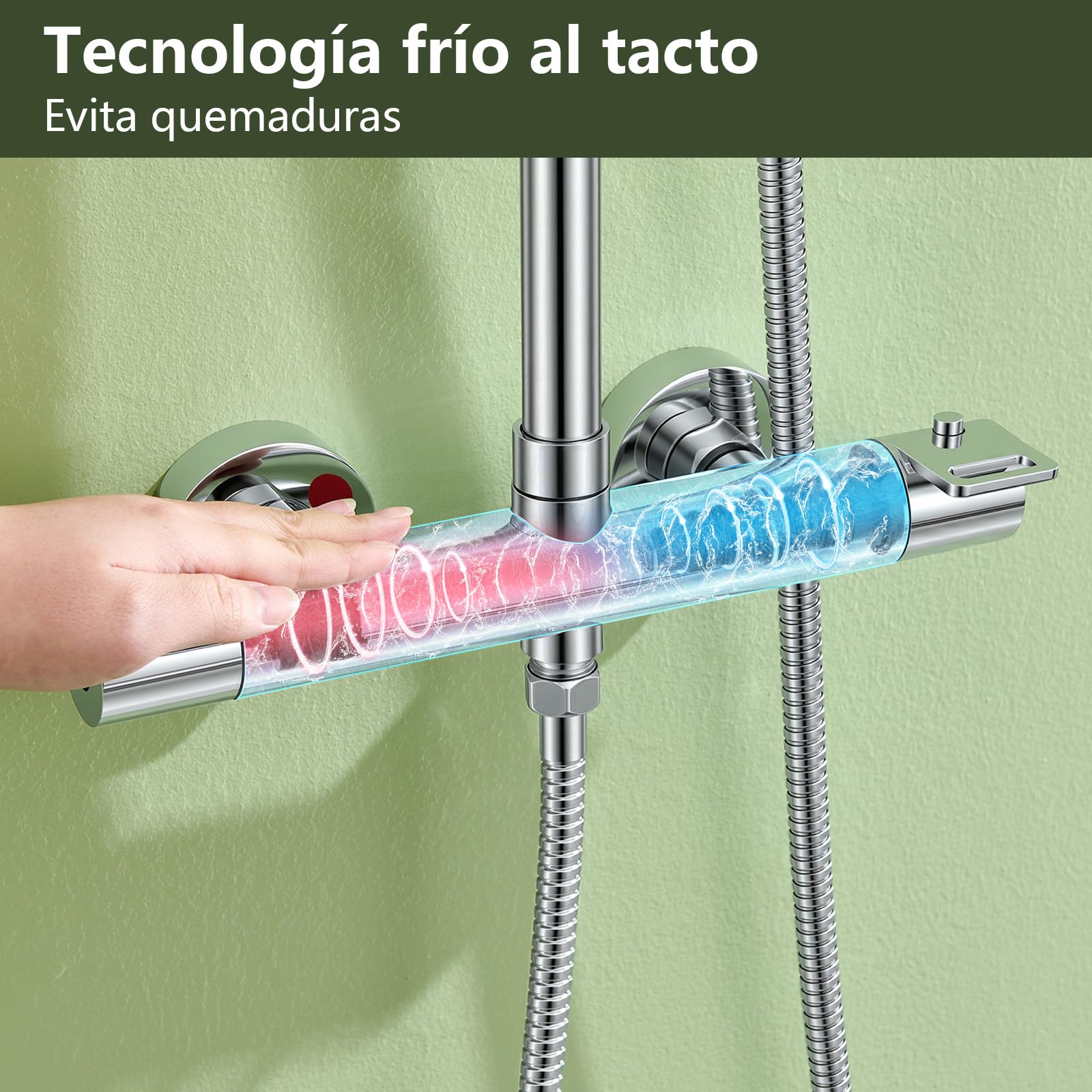 Sistema de ducha termostático acero inoxidable, cabezal lluvia cuadrado 12" (30 cm), ducha mano 1 modo. Grifería completa ajustable en altura, protección quemaduras, ahorro agua