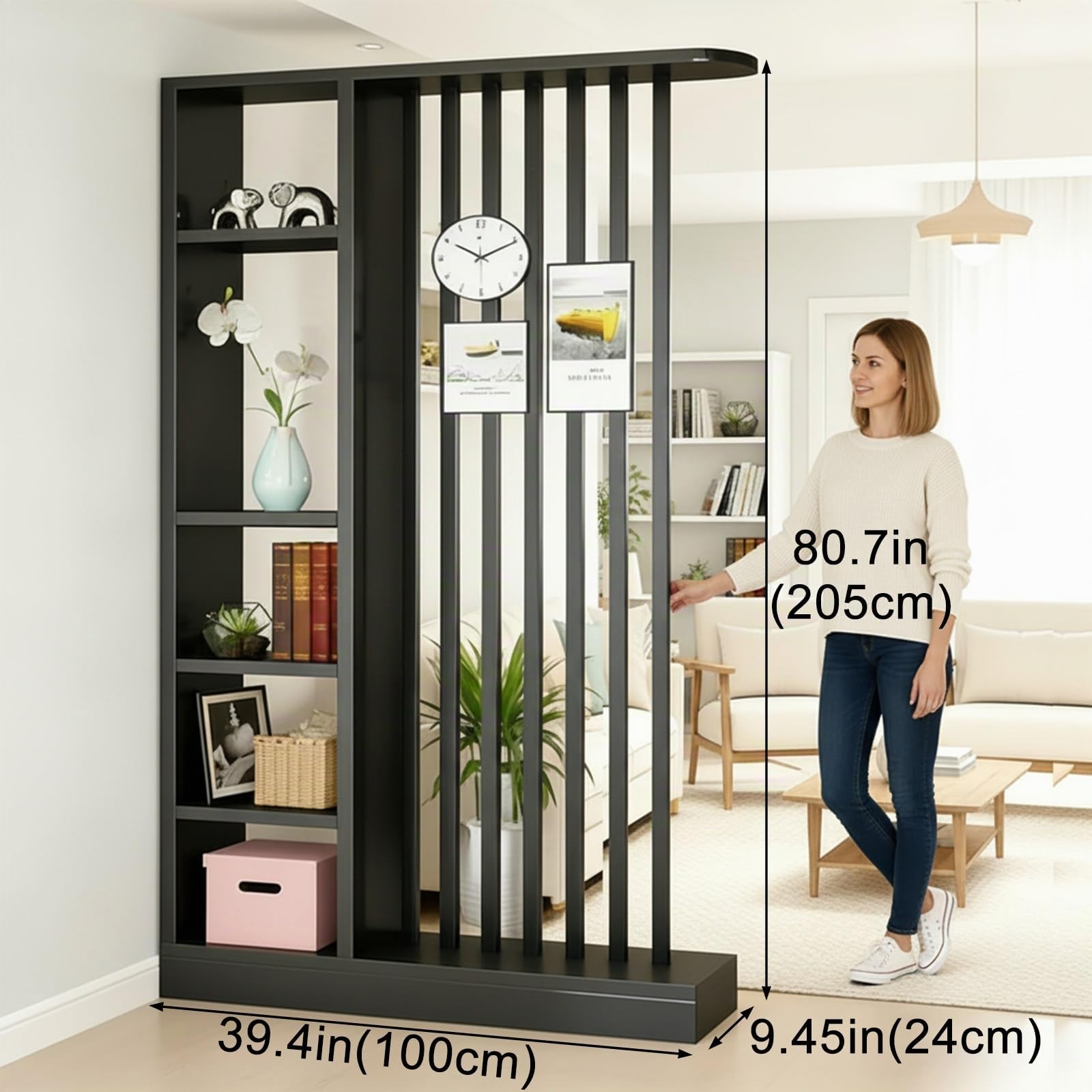 Claustra Intérieur Bois avec Rangement, Séparateur de Pièce Design Moderne, Cloison Amovible avec Étagères, Séparation de Pièce pour Salon Entrée Chambre Bureau, 205 cm
