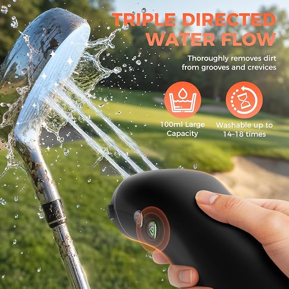 Electric Golf Club Brush Cleaner: 1030 RPM 360 Auto-Rotating Brush with 3-Stream Water Spray, 2 Speeds, 2 Brush Heads, 3.38 Oz Water Tank, Type-C 2000mAh Battery, Storage Bag - Golf Accessories Gift