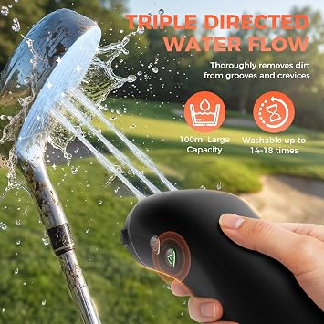 Electric Golf Club Brush Cleaner: 1030 RPM 360 Auto-Rotating Brush with 3-Stream Water Spray, 2 Speeds, 2 Brush Heads, 3.38 Oz Water Tank, Type-C 2000mAh Battery, Storage Bag - Golf Accessories Gift