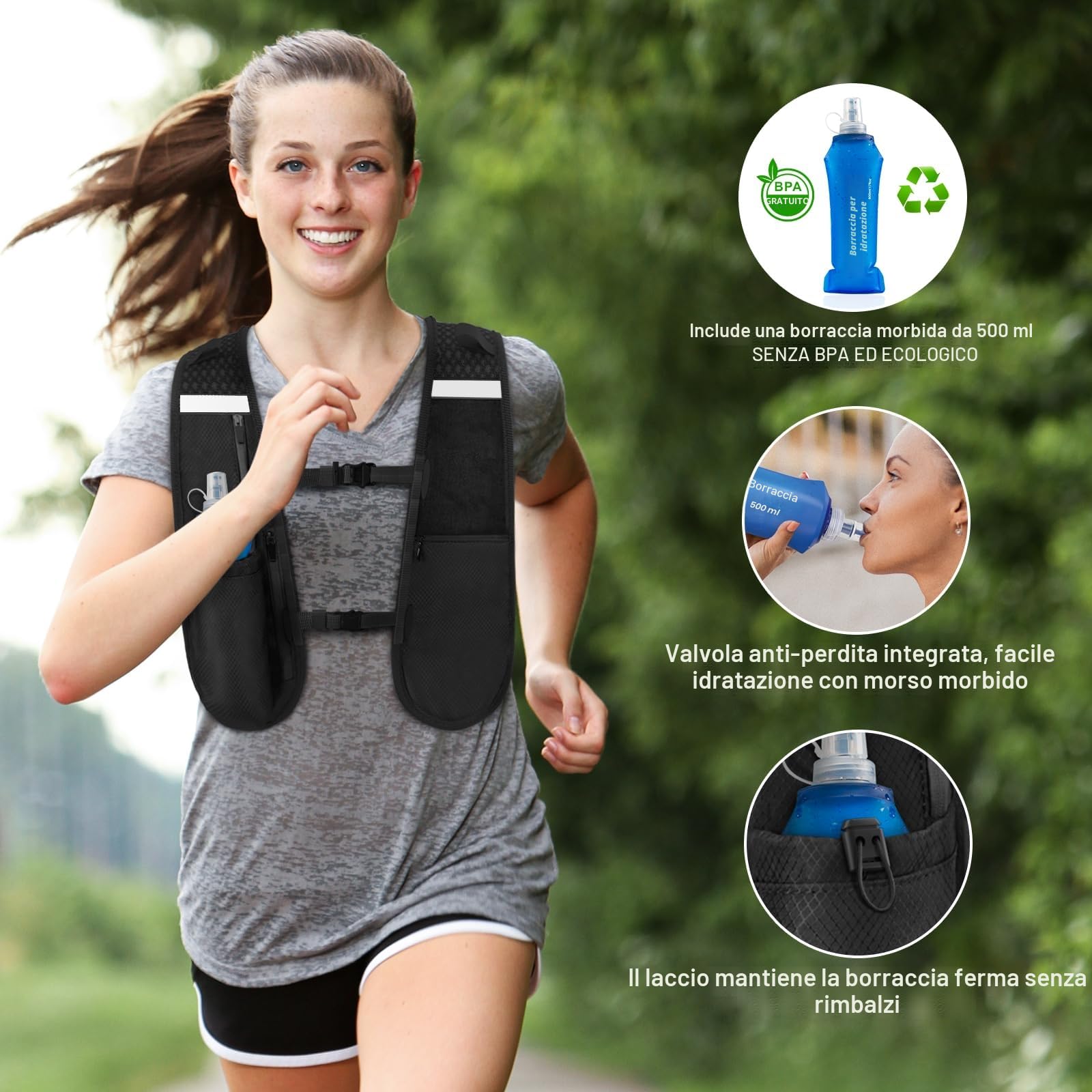 Nextyu Gilet Running Uomo Donna, Zaino Idratazione Trail Running Leggero con Borraccia Morbida 500ml, Luci LED & Cinghie Pettorali Regolabili per Corsa MTB Ciclismo Maratona Escursionismo