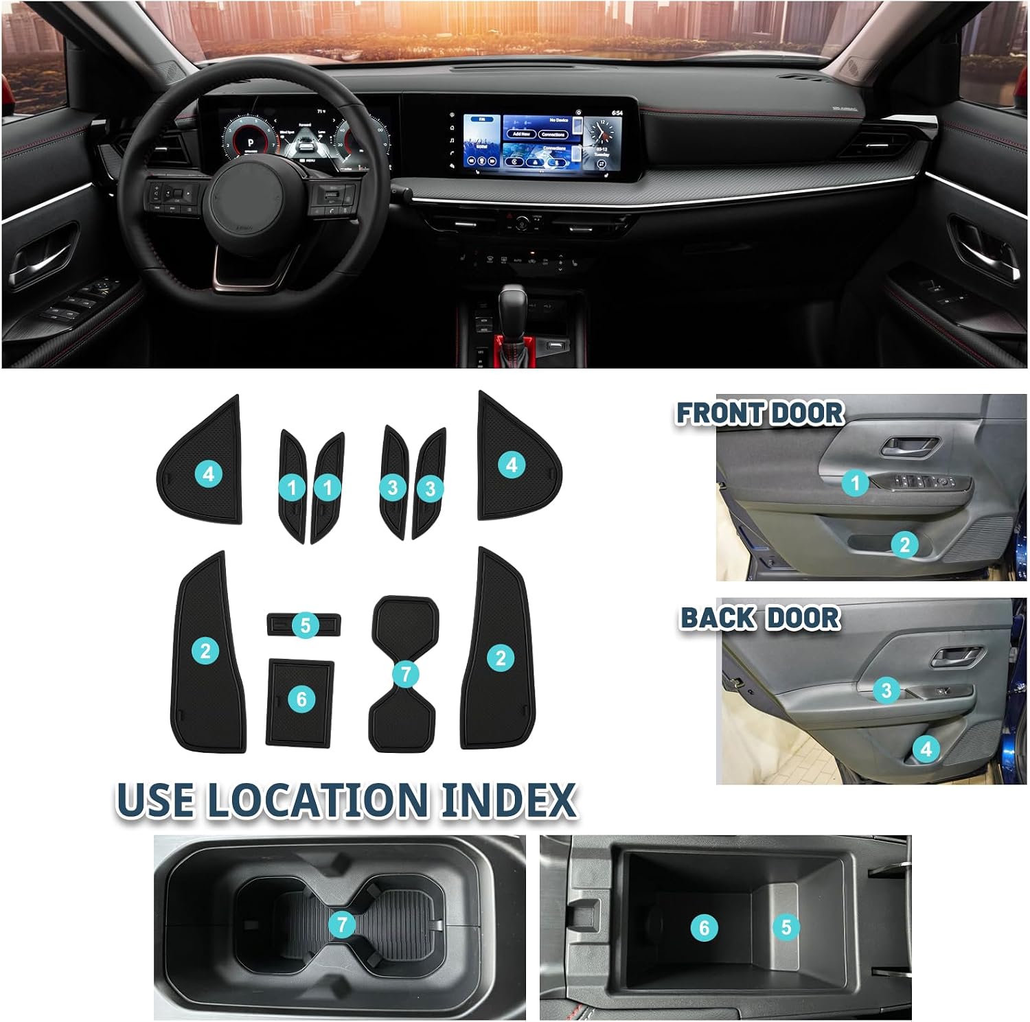Door Slot Mat for Nissan Kicks 2026 Accessories Anti-Slip Interior Rubber Mats Center Console Liner Compatible with 2025 2026 Nissan Kicks S/SV/SR(11PCS/Sets)
