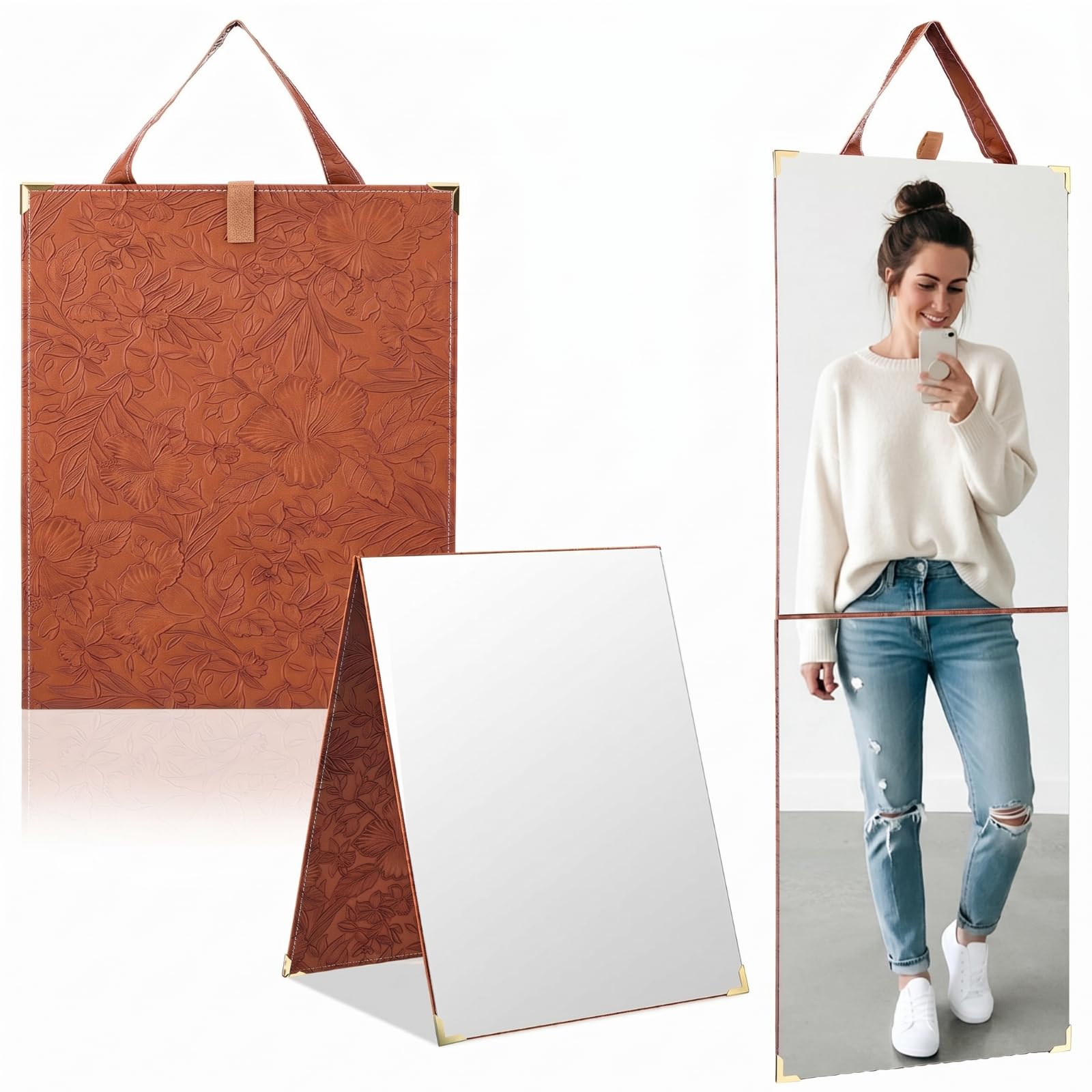 3 Way Foldable Camping Full Length Mirror with Handle Folding Travel Dance Portable Hanging Body Mirror for Makeup Fitness Spa Hair Styling, 33.5 x 13.4 Inch(Brown)