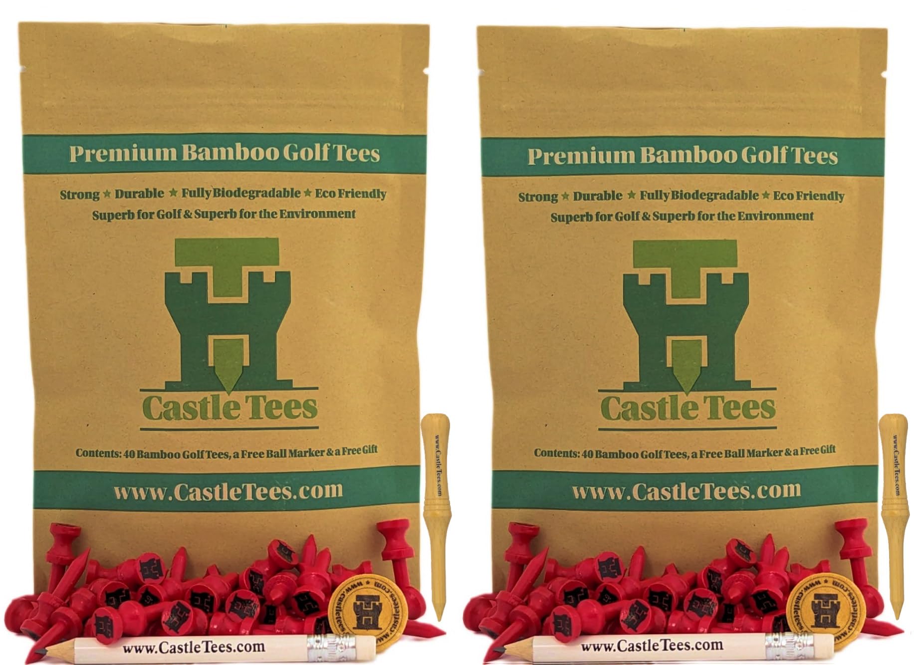 Castle Tees Official Red 80 Tee Pack x 32mm 1 ¼ inch Red Premium Bamboo Golf Tees + Free Pitch Repair Tool