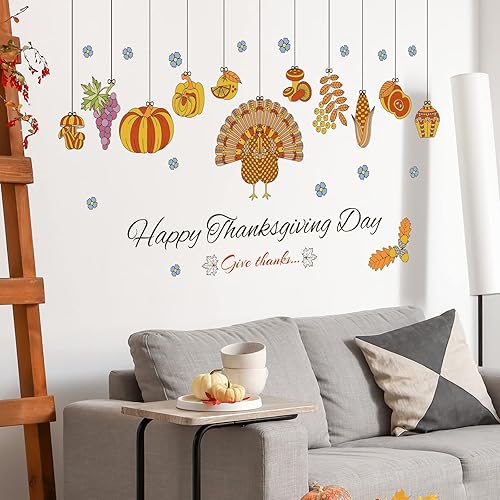 Miniatura 3 de Calcomanías de pared de Acción de Gracias, decoración de cosecha de otoño, calabaza de Acción de Gracias, pavo, calcomanías de pared para casa de
