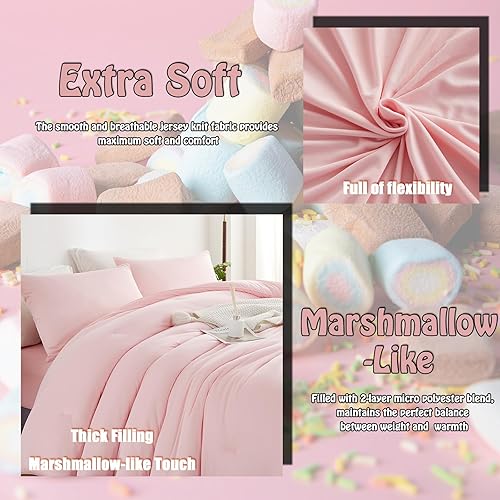 Miniatura 3 de Doimier Juego de edredón de punto jersey tamaño King, juego de ropa de cama rosa suave, 4 piezas de cama en una bolsa con edredón esponjoso, fundas