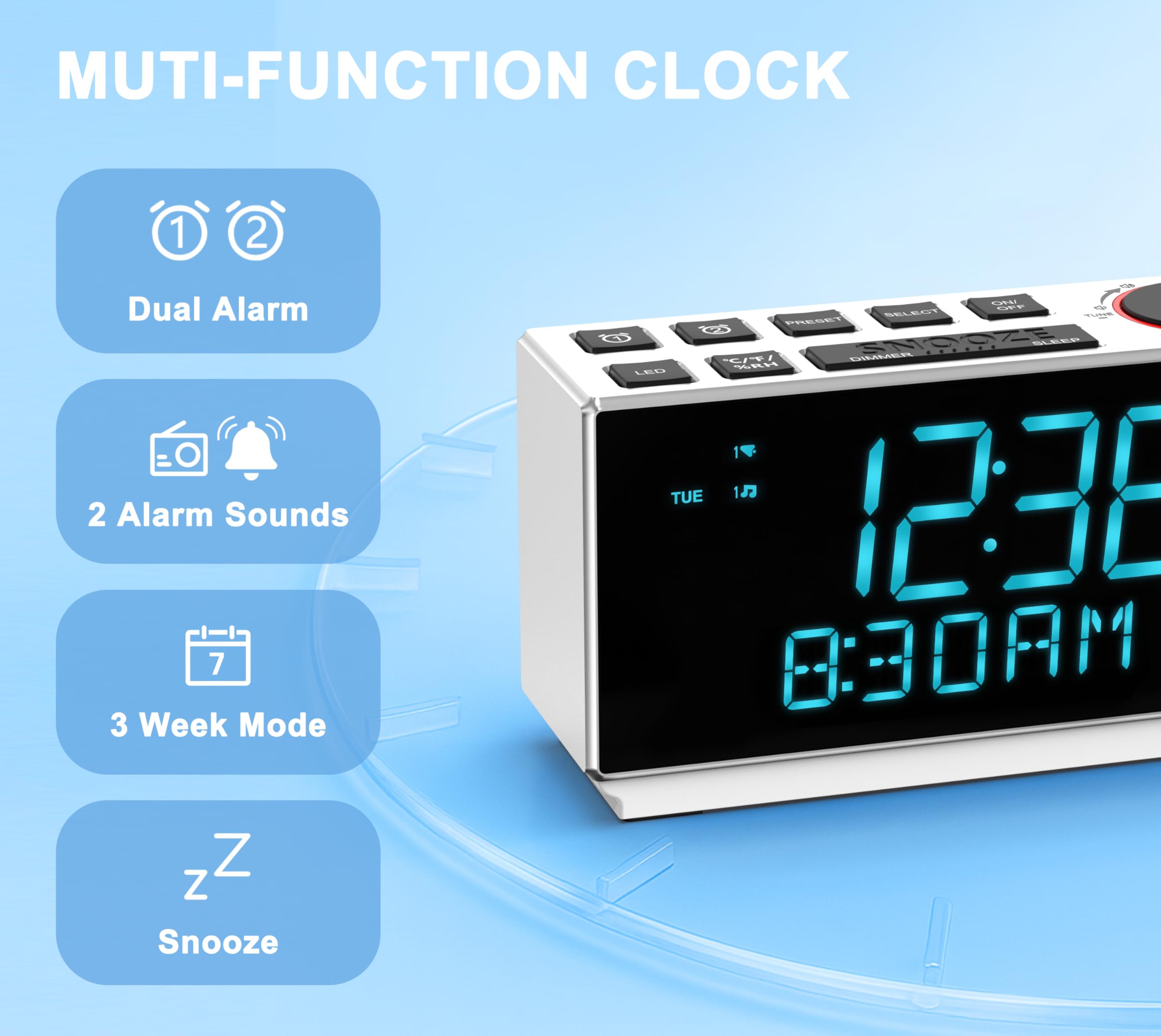 Radio despertador DAB+ y FM con Bluetooth, 40 preajustes, auriculares, alarma dual con repetición y temporizador de sueño, dos puertos de carga, regulable, indicador de humedad de temperatura
