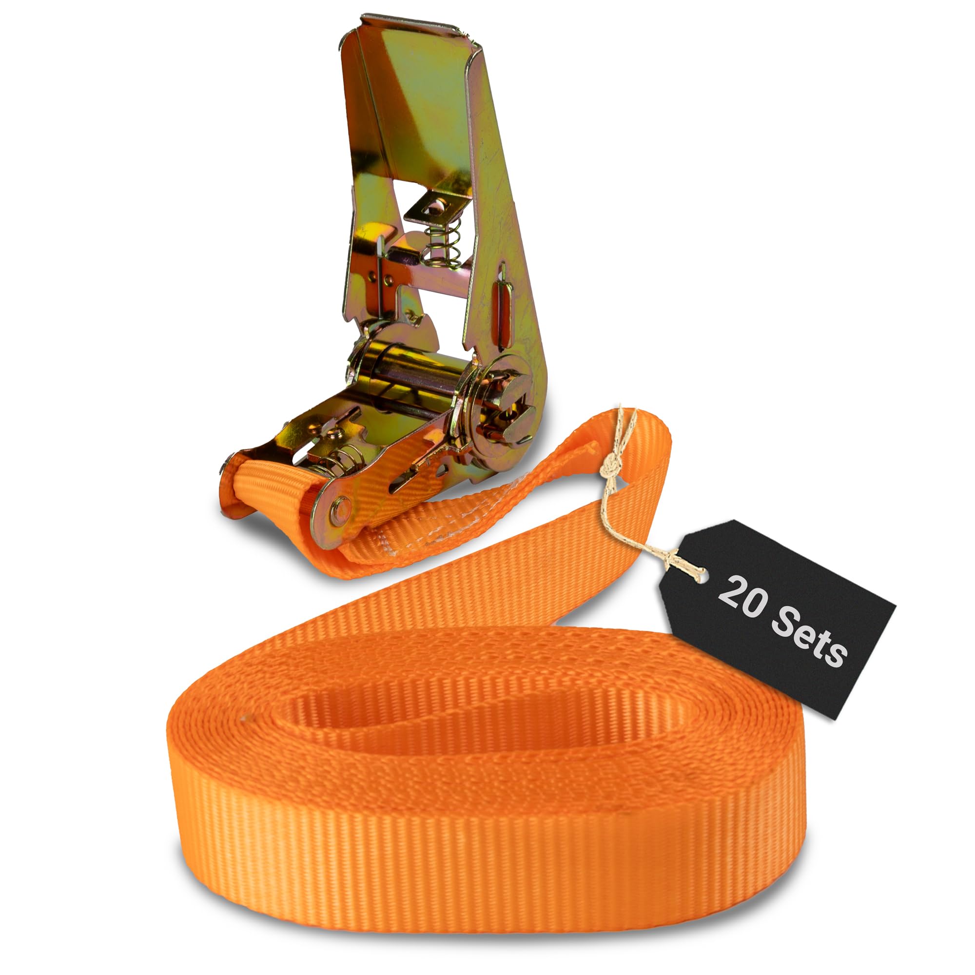 Cinghia di serraggio rapida con cricchetto, 20 pezzi, 25 mm x 4 m, monopezzo/fino a 800 kg, resistente agli strappi/cinghie di ancoraggio veloci e sicure con cricchetto arancione/passanti per 800 daN