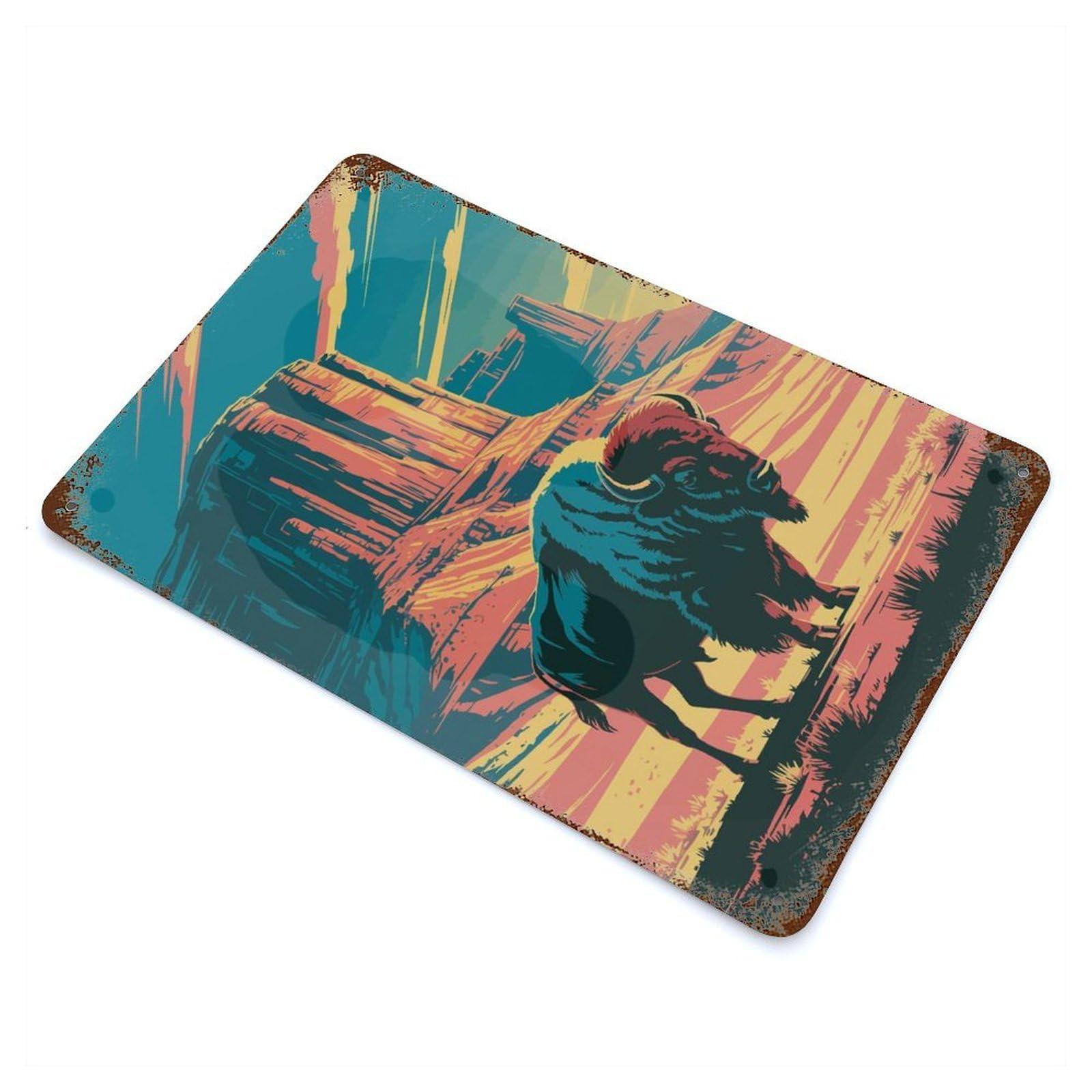Bison in Monument Valley Illustration Rust Effect Tin Sign 11.8"x7.9", Novelty Wall Decor for Garage, Pub Or Kitchen