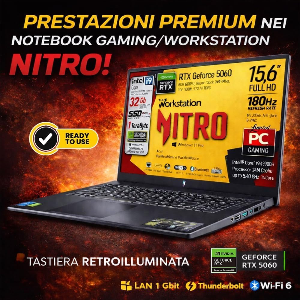 Acer Notebook Gaming Nitro, Intel Core i9-13900H, fino a 5,4GHz, NVIDIA GeForce RTX 5060 8Gb GDDR7, RAM 32Gb, SSD 1Tb, 15.6" FHD IPS 180Hz, Wi-Fi 6e, Thunderbolt 4.0, ready to use
