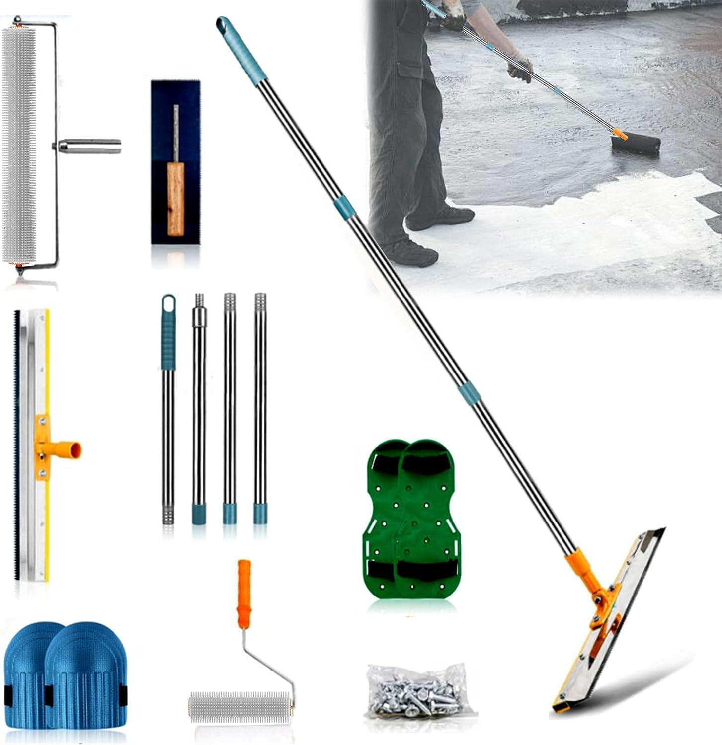 Ausgleichsmasse Boden Werkzeug Set,Epoxidharz Bodenbeschichtung Werkzeug Set,mit Stachelwalze 50cm,Farbroller,Edelstahl Spachtel 56cm,Nagelschuhe, Abnehmbarem 1,6 m Verlängerungsgriff