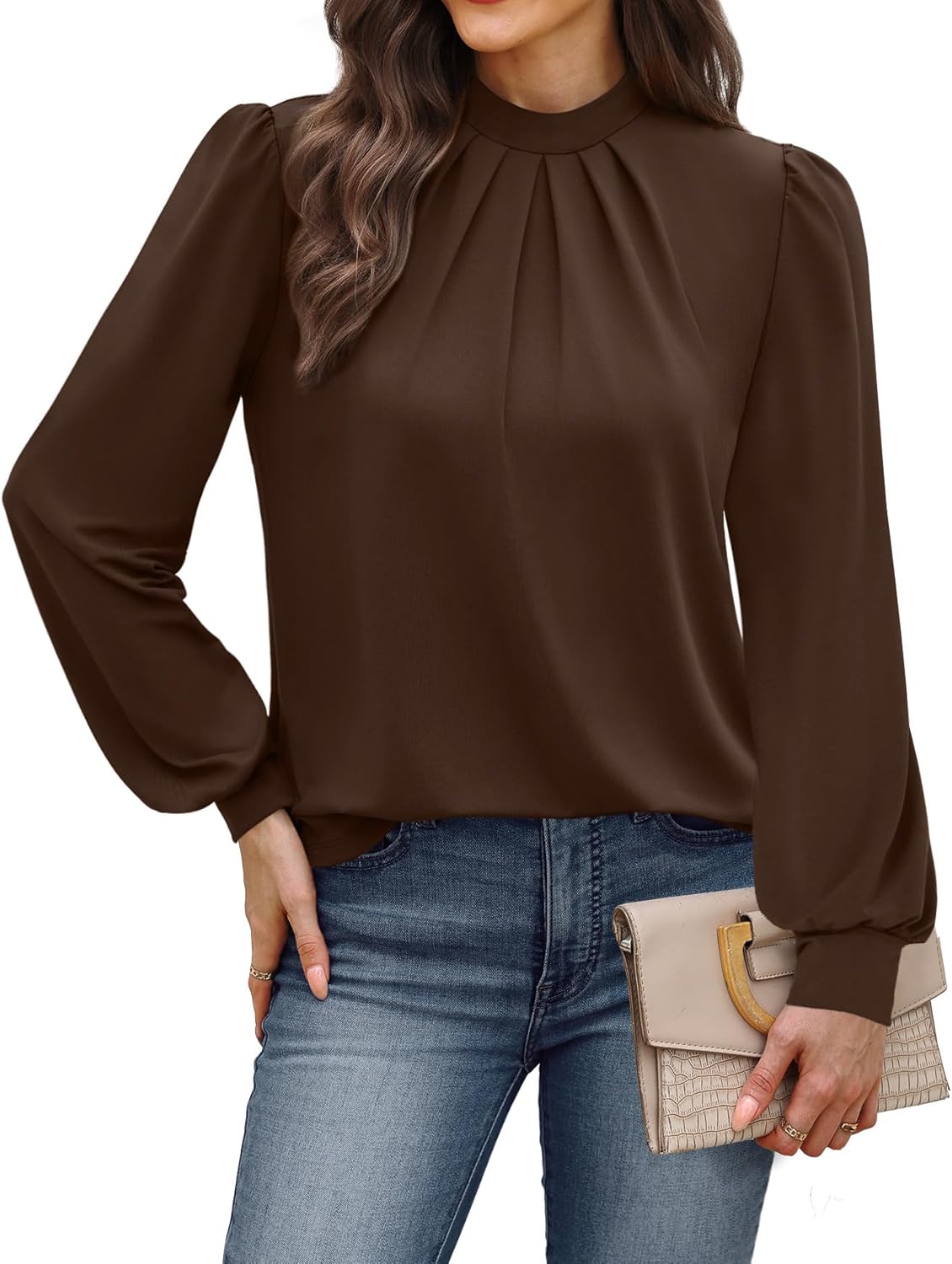 WIHOLL Long Sleeve Shirts for Women Mock Neck Tops Pleated Front Blouses Dressy Casual Spring Fall Clothes 2026 Fashion - Image 2